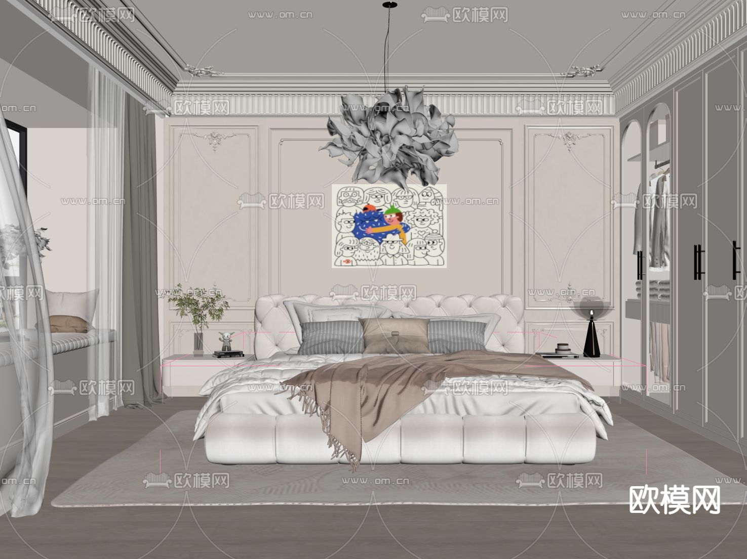 奶油风卧室 主人房su模型下载（渲染图1）