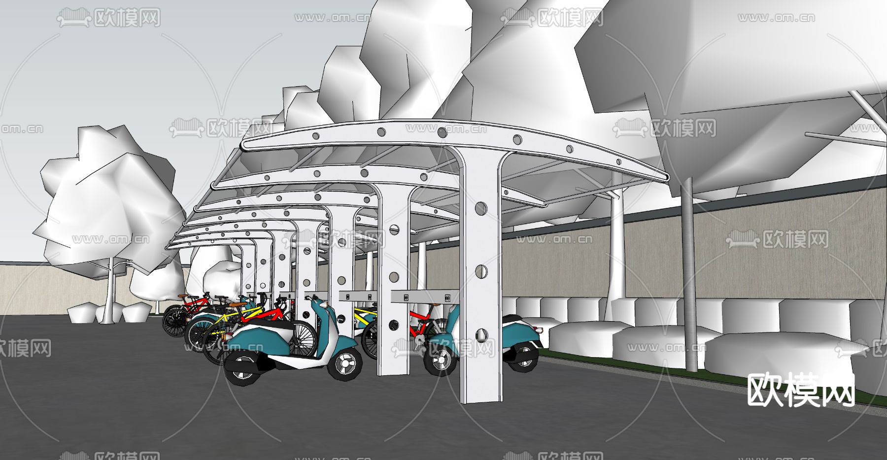 非机动车棚 单车棚su模型下载（渲染图2）