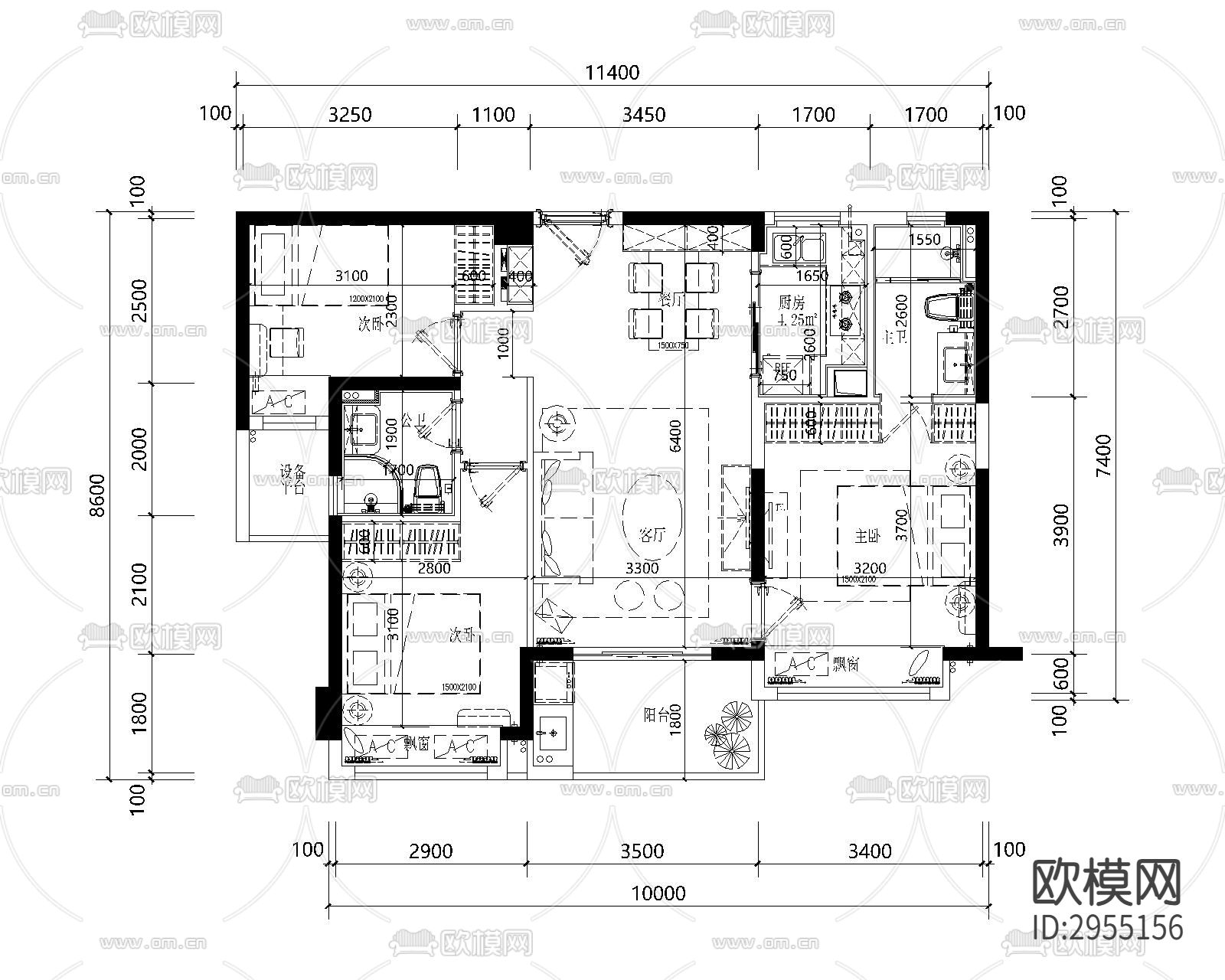 户型标准化cad施工图下载（渲染图6）
