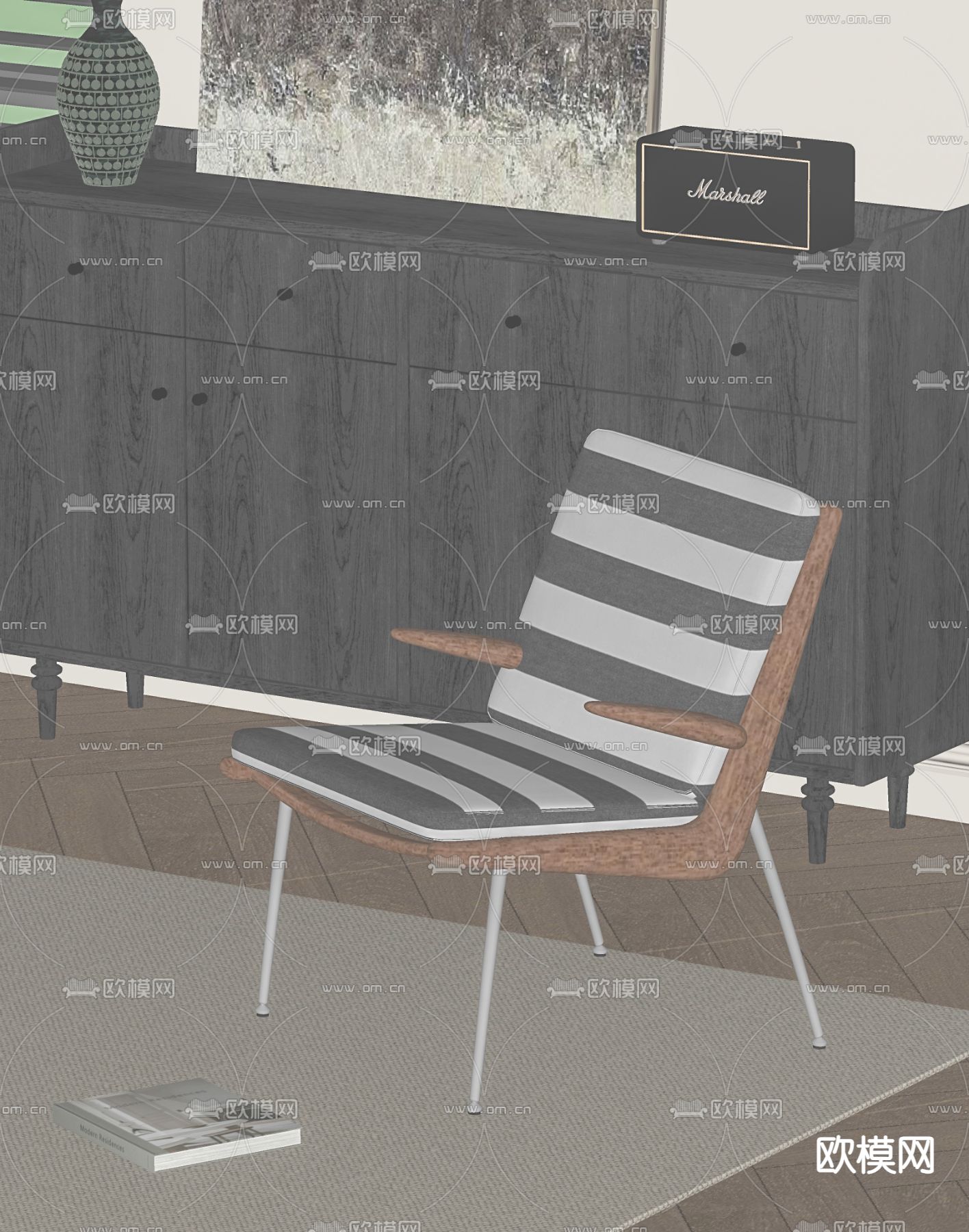中古风休闲椅su模型下载（渲染图1）