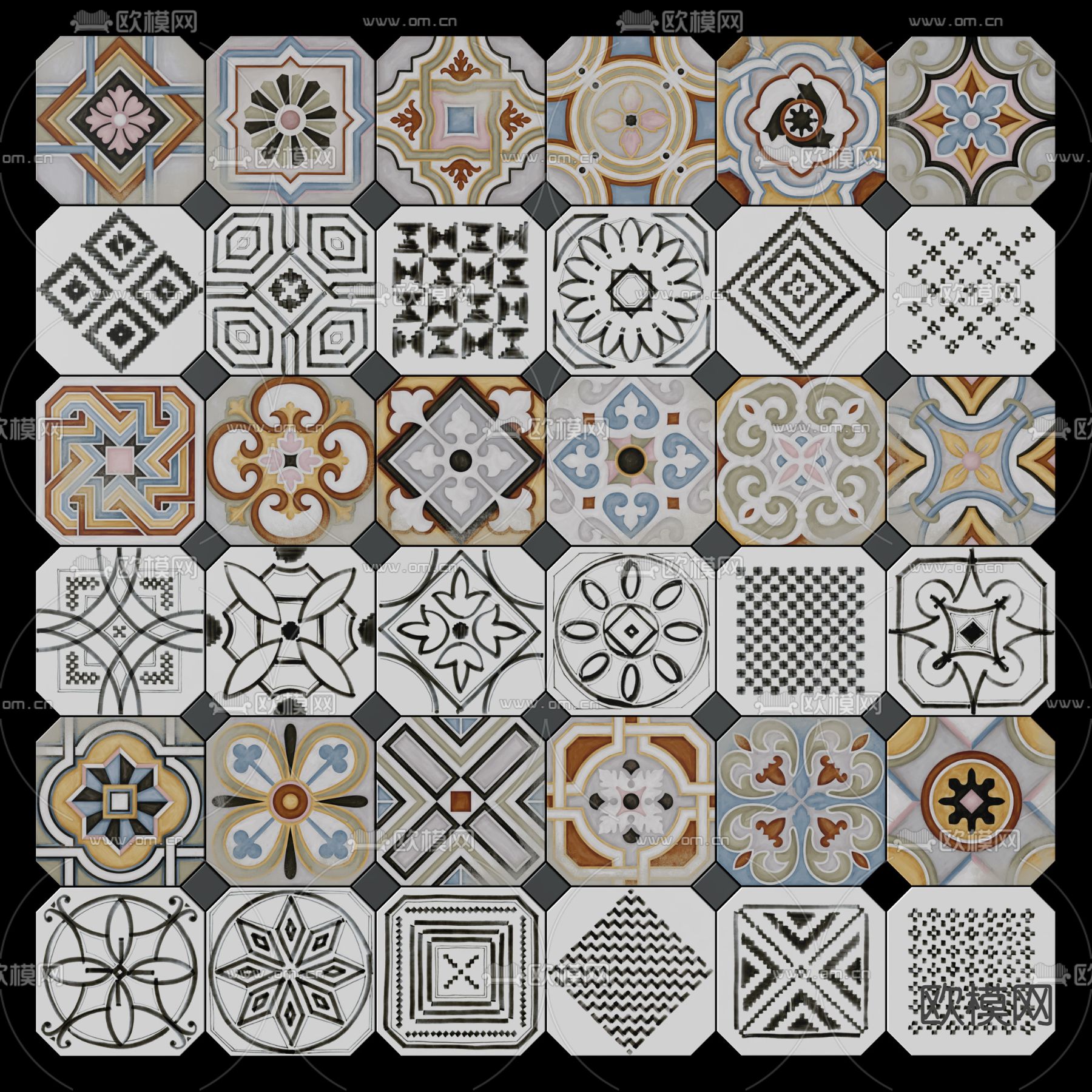 花砖 手工转 瓷砖拼花 中古花砖su模型