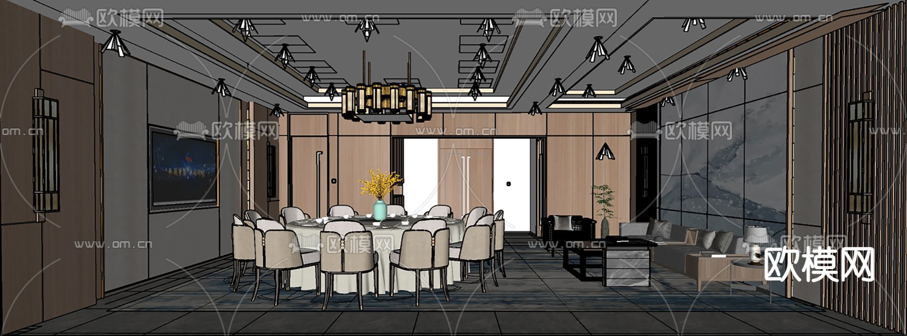 中餐厅包间 酒楼包房su模型下载（渲染图2）