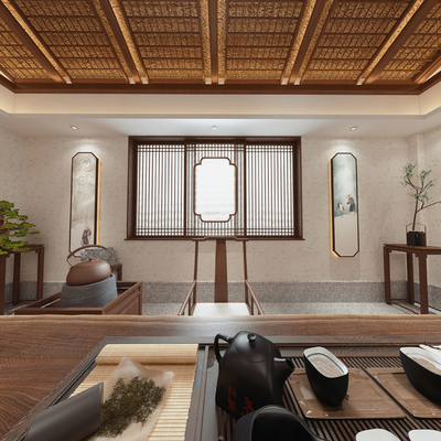  新中式茶馆 茶室su模型 