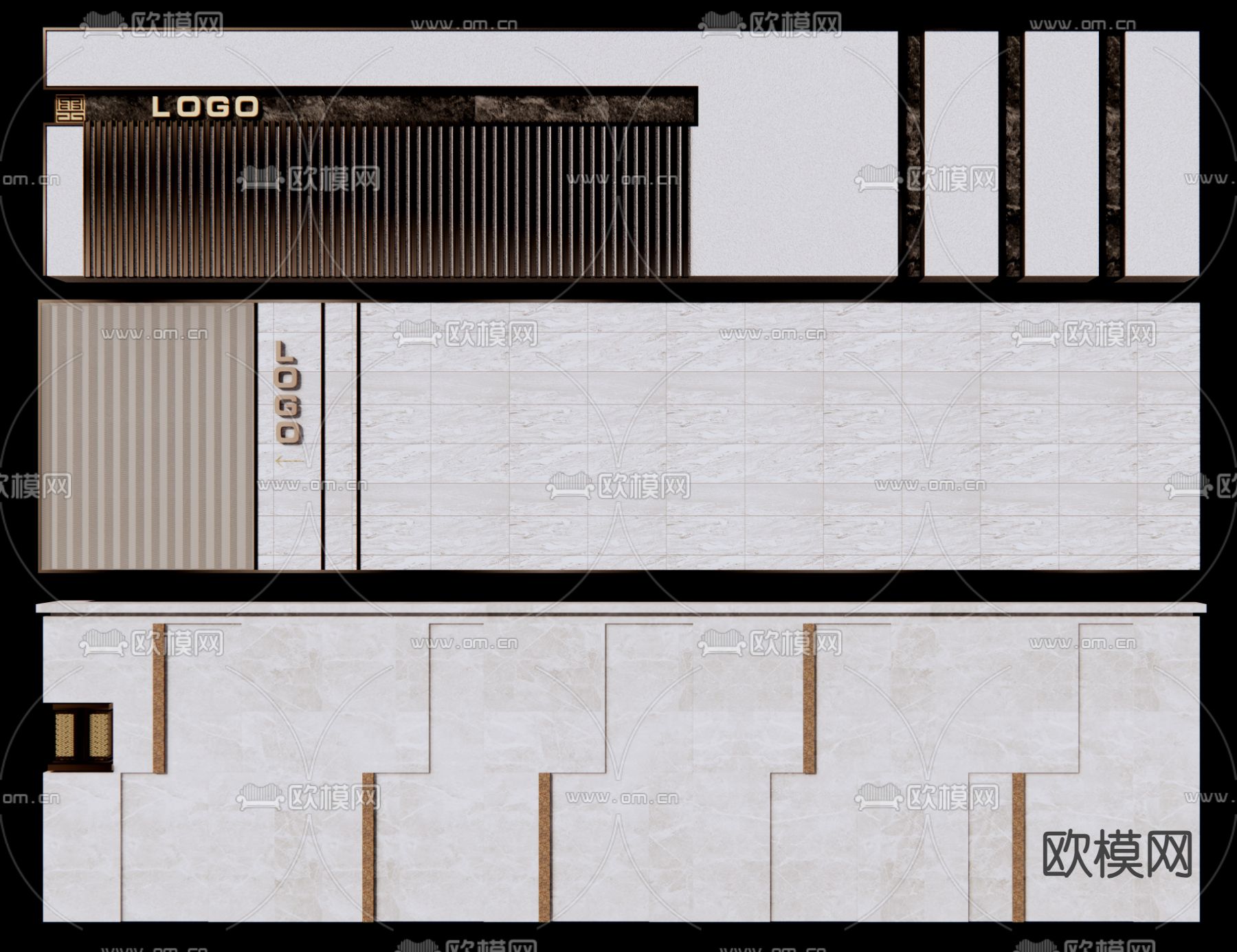 新中式入户墙 标识墙 格栅景墙3d模型下载