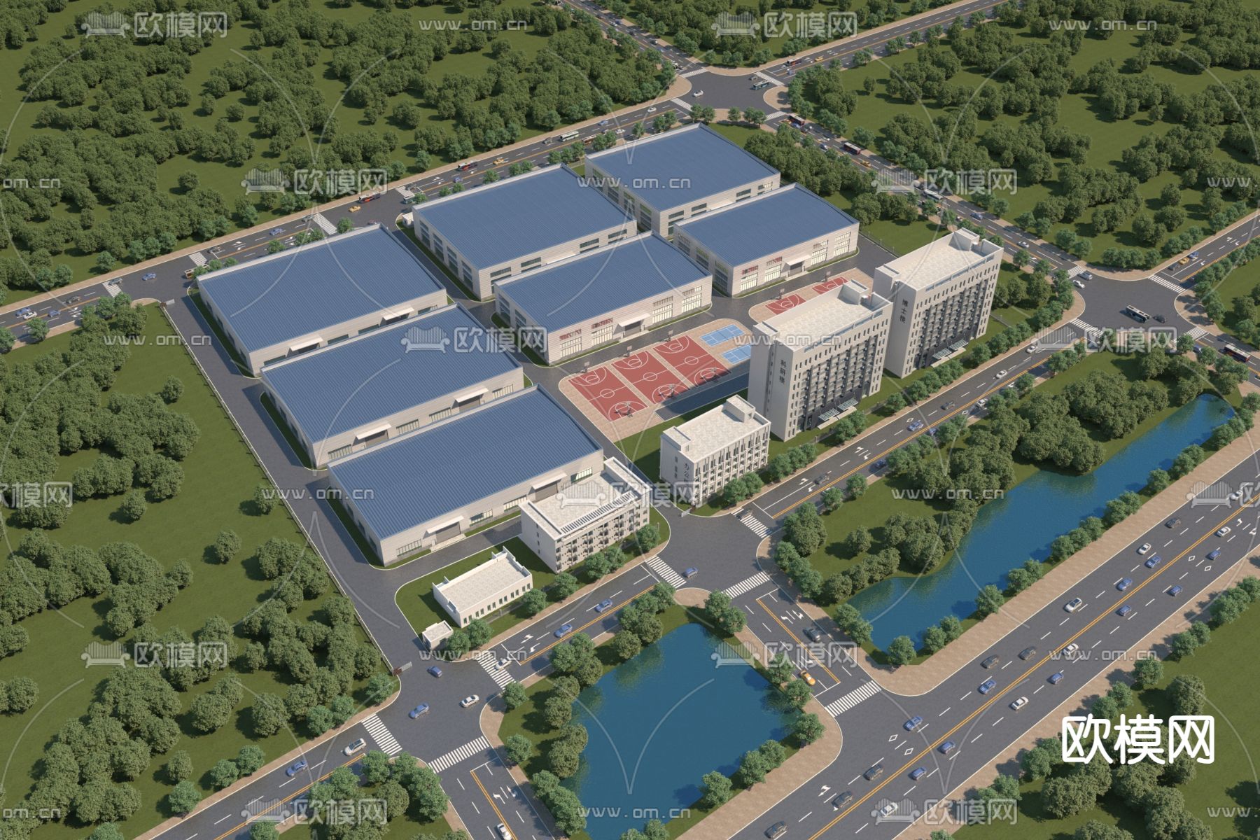 现代厂房鸟瞰图su模型下载（渲染图2）