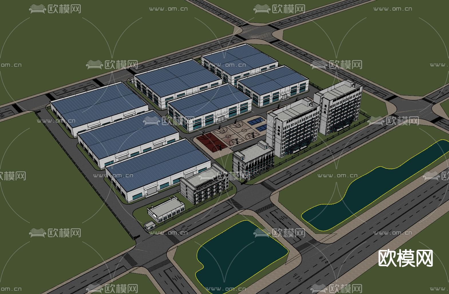 现代厂房鸟瞰图su模型下载（渲染图1）