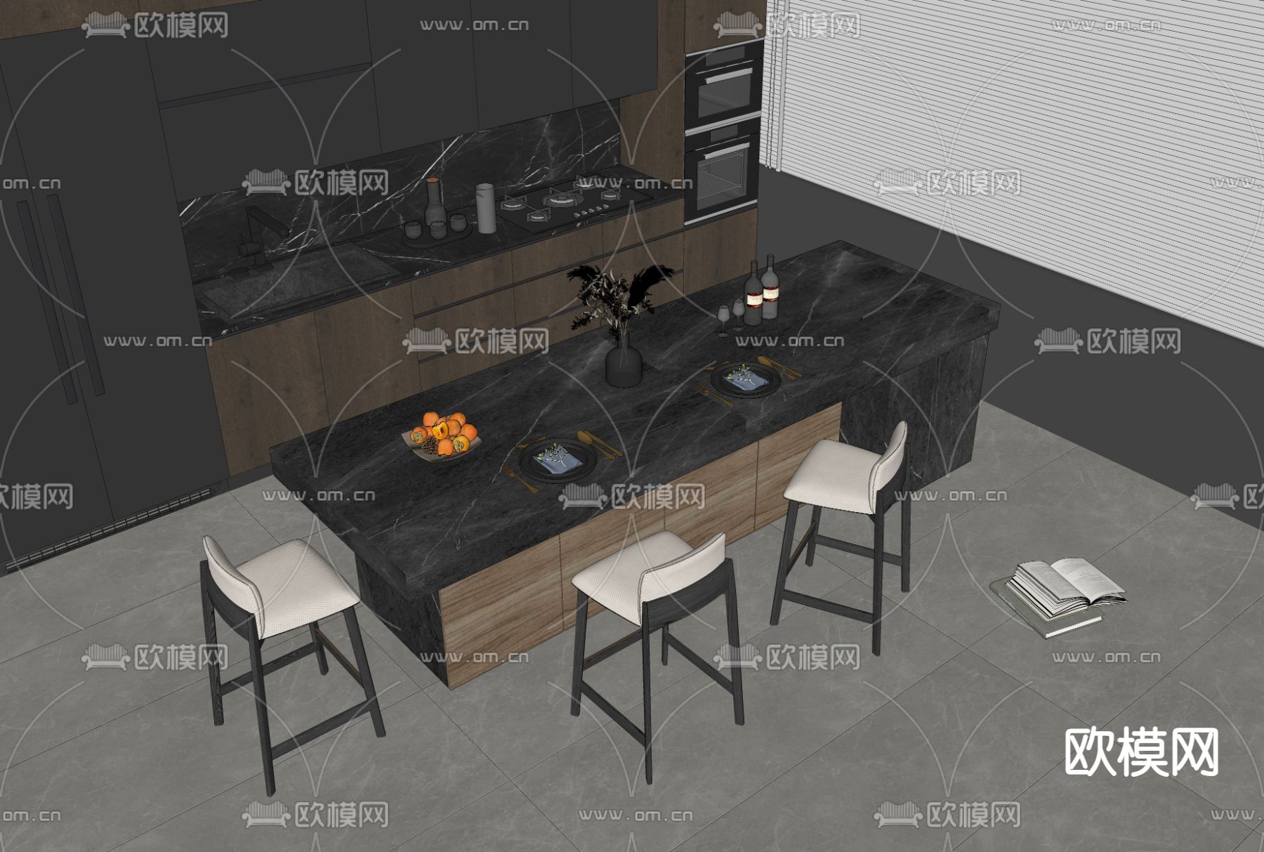 岛台餐桌椅su模型下载（渲染图2）