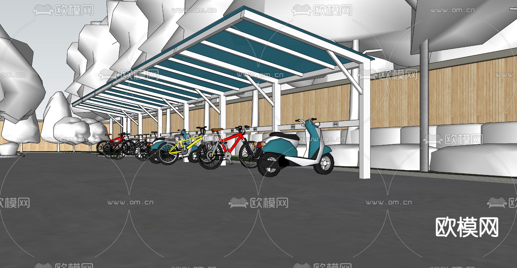 非机动车棚 单车棚su模型下载（渲染图2）