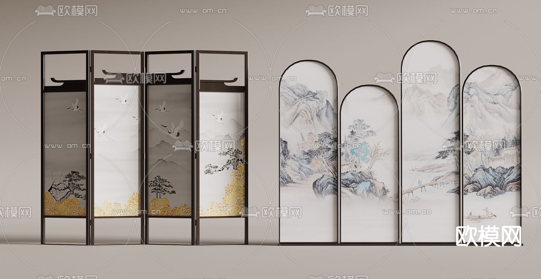 新中式水墨画屏风su模型下载（渲染图2）