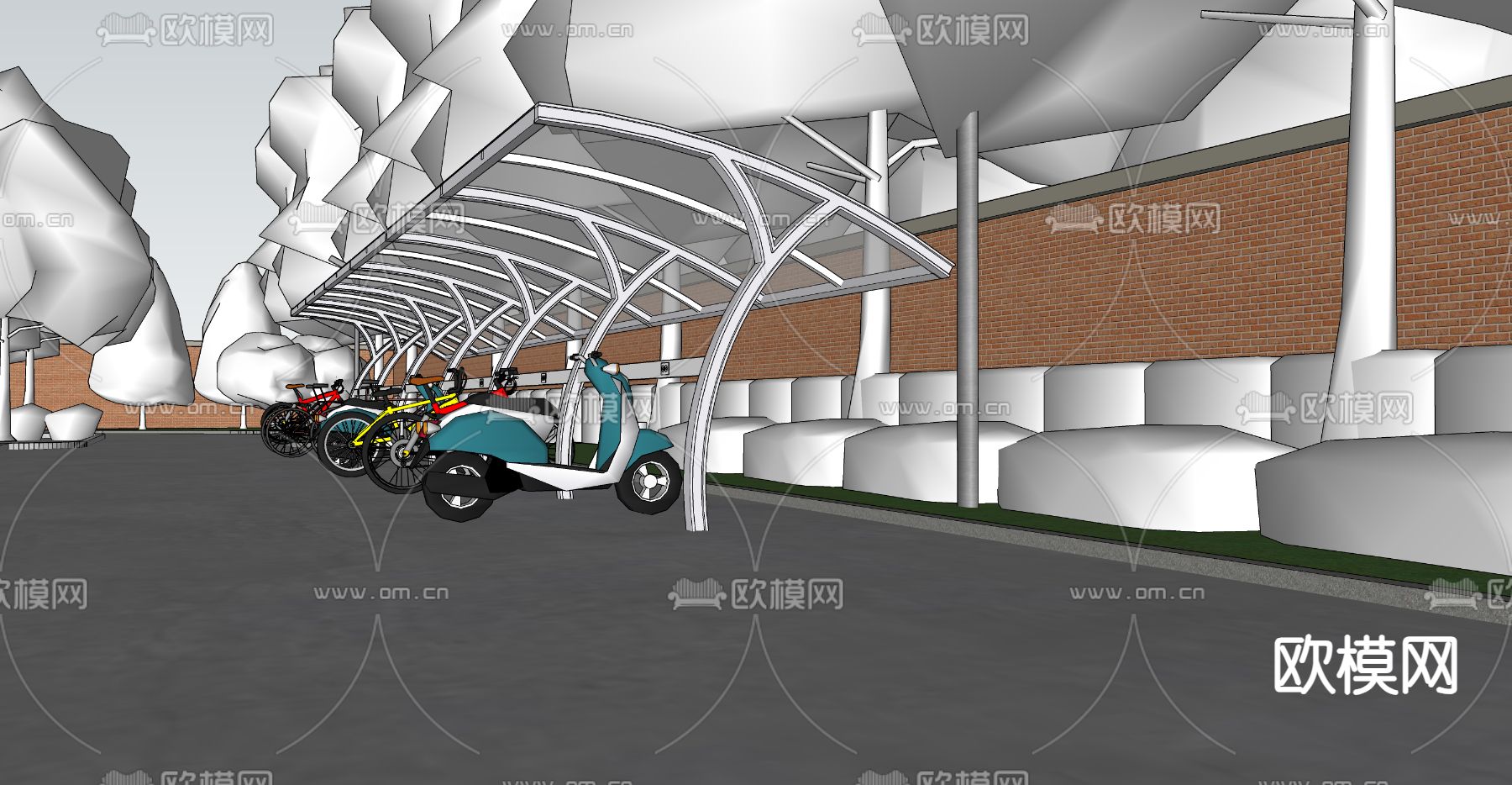 非机动车棚 单车棚su模型下载（渲染图2）