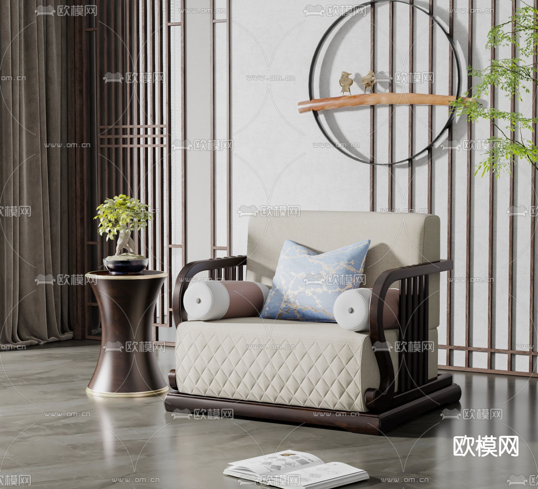 新中式单人沙发su模型下载（渲染图2）
