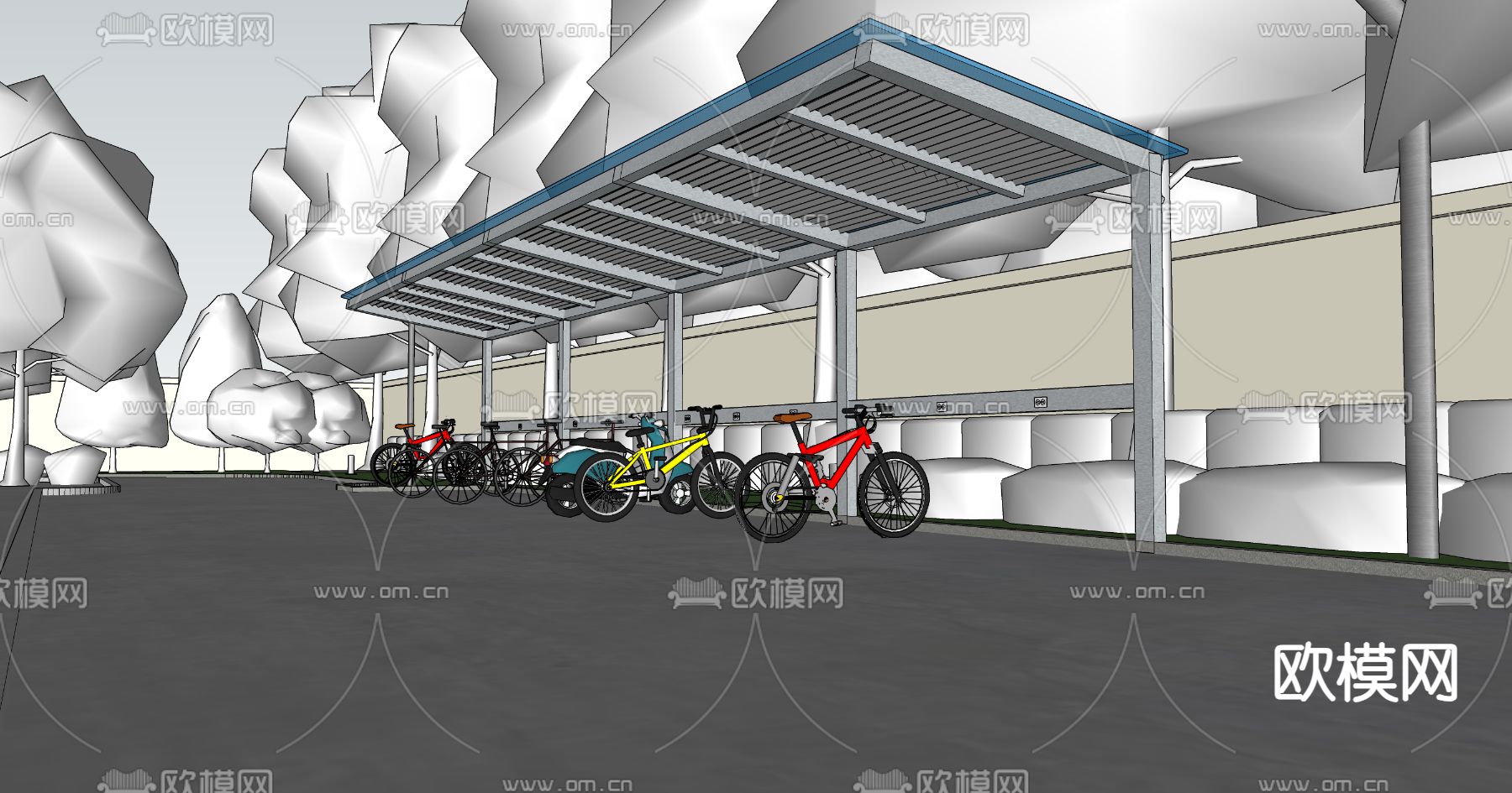 非机动车棚 单车棚su模型下载（渲染图2）