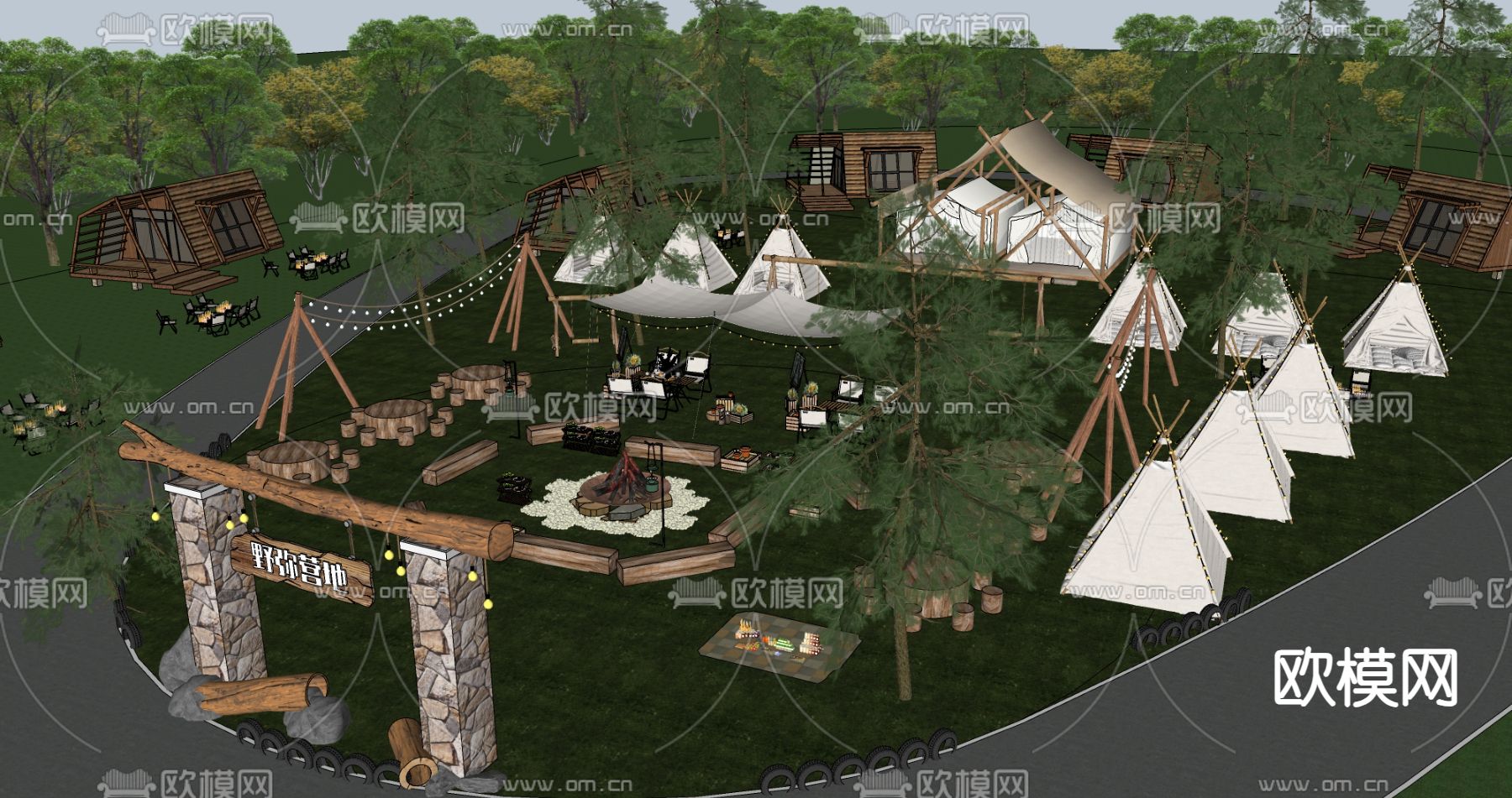 现代星空帐篷 露营桌椅su模型下载（渲染图3）