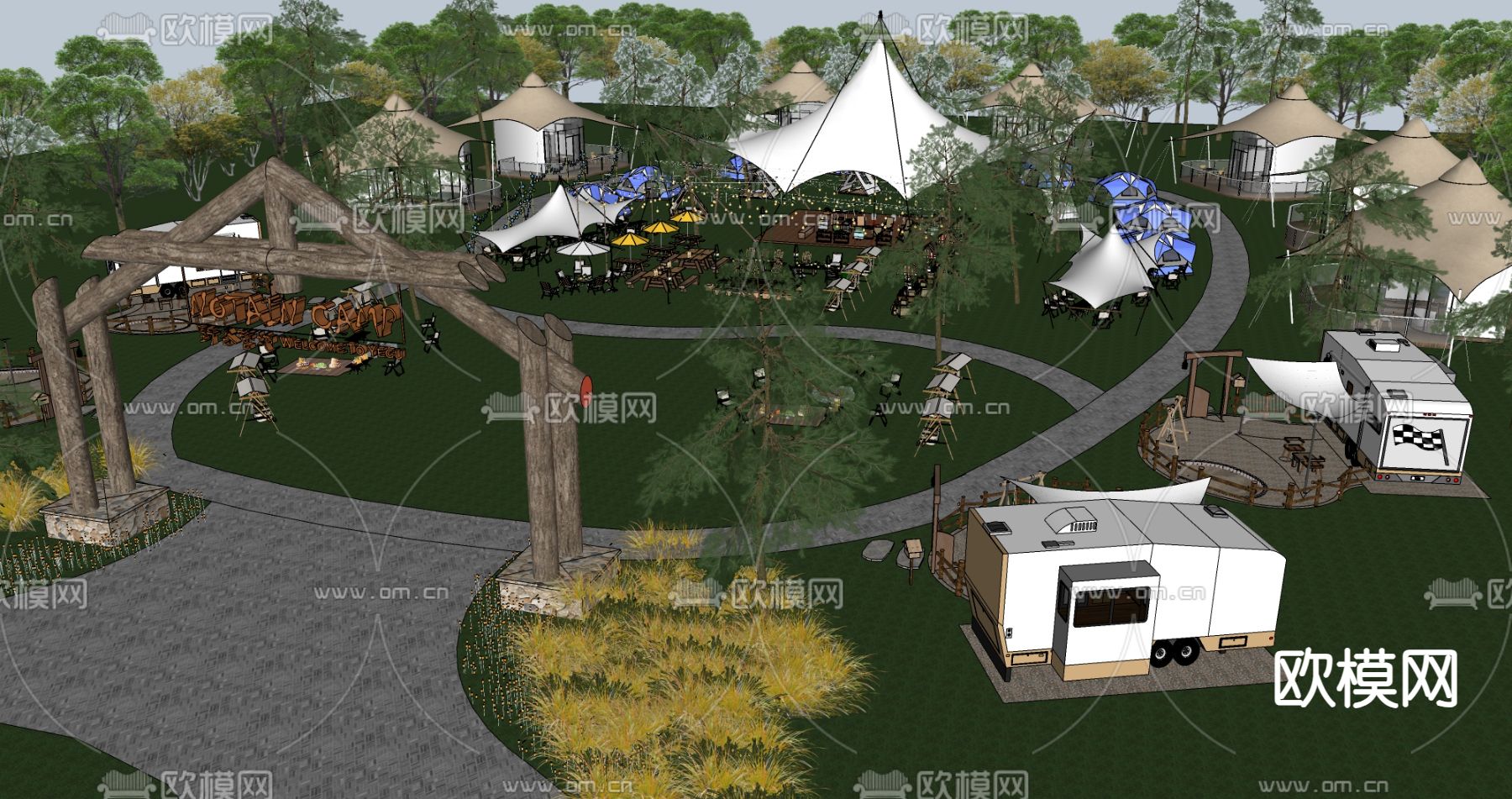 现代星空帐篷 露营桌椅su模型下载（渲染图3）