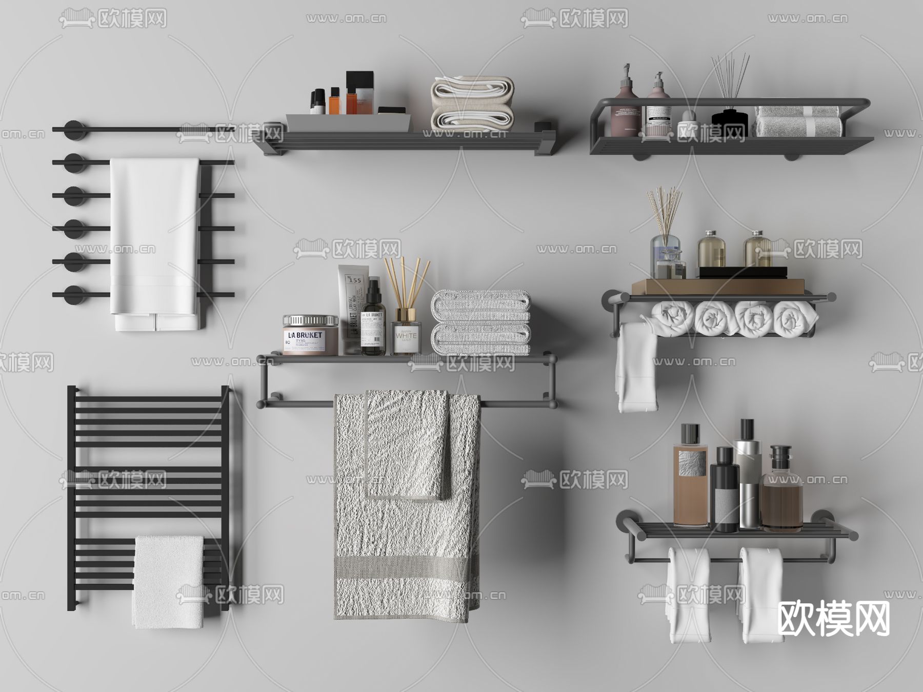 卫浴用品 毛巾架 浴巾 洗发水 沐浴露3d模型下载