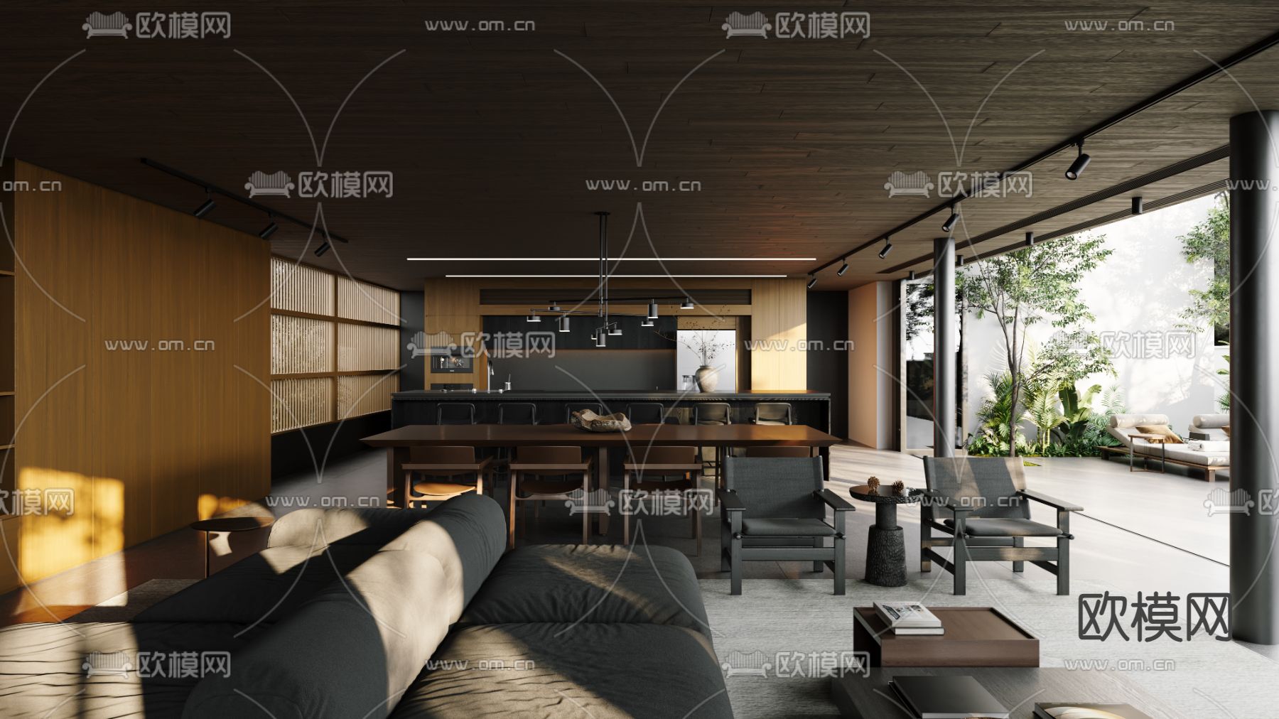 大平层客厅 餐厅3d模型下载（渲染图1）