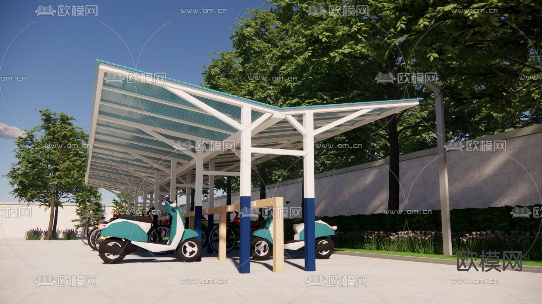 非机动车棚 单车棚su模型下载（渲染图1）