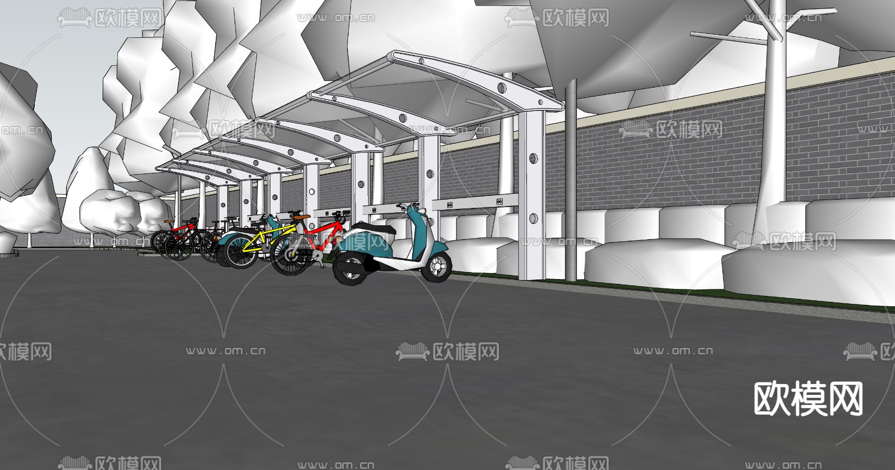 非机动车棚 单车棚su模型下载（渲染图2）