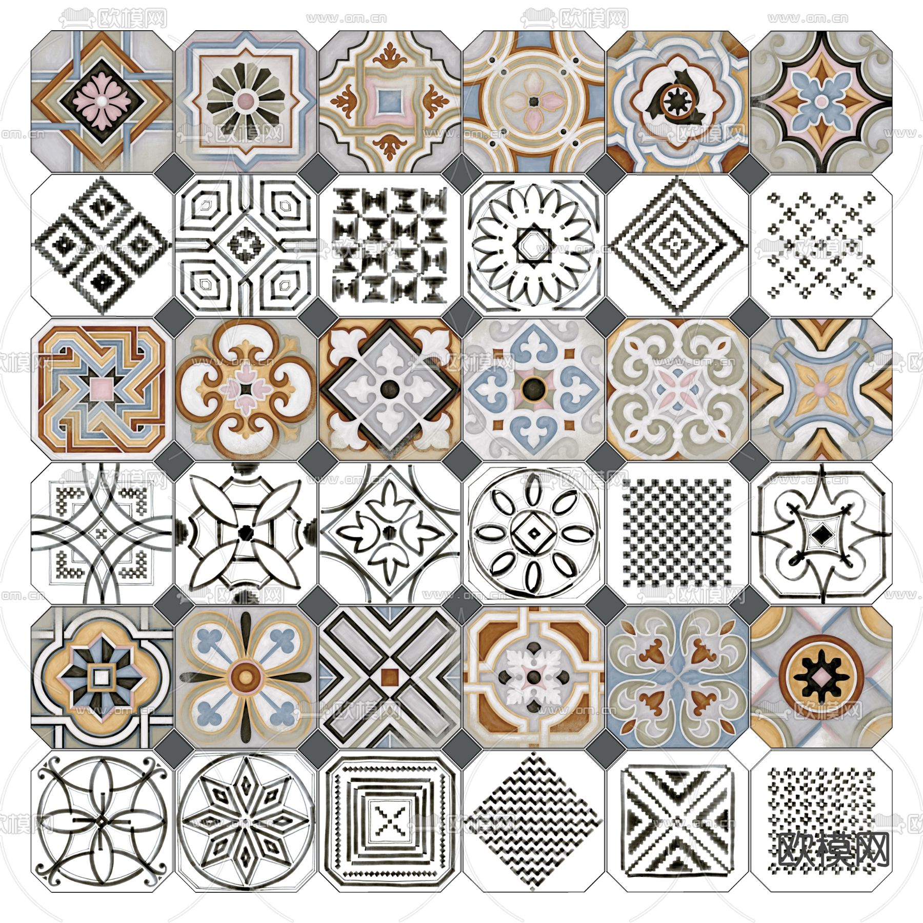 花砖 手工转 瓷砖拼花 中古花砖su模型