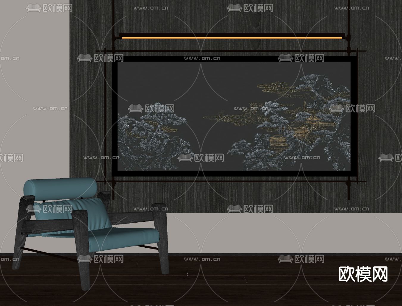 新中式装饰画 刺绣画 松树画su模型下载（渲染图2）