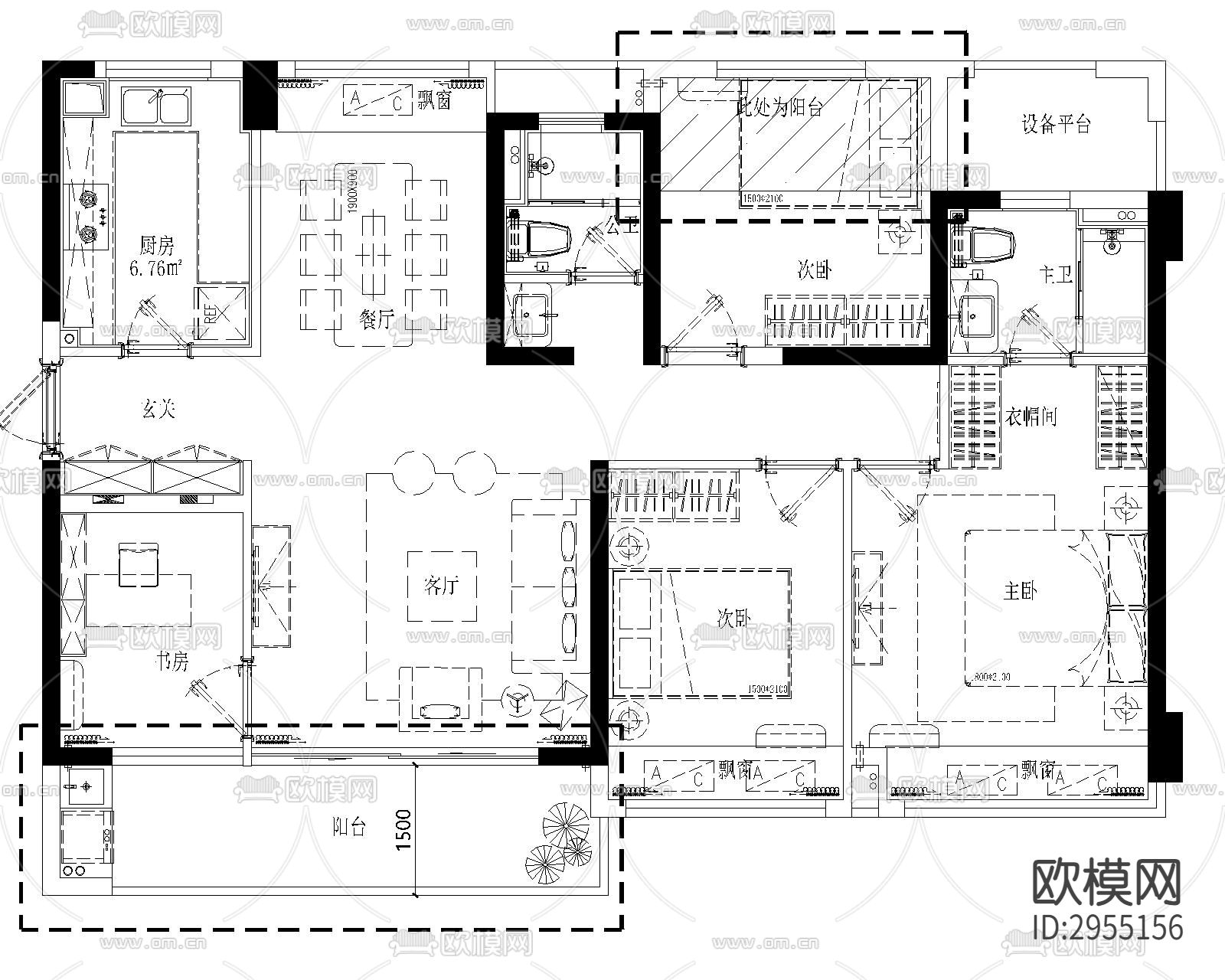 户型标准化cad施工图下载（渲染图4）