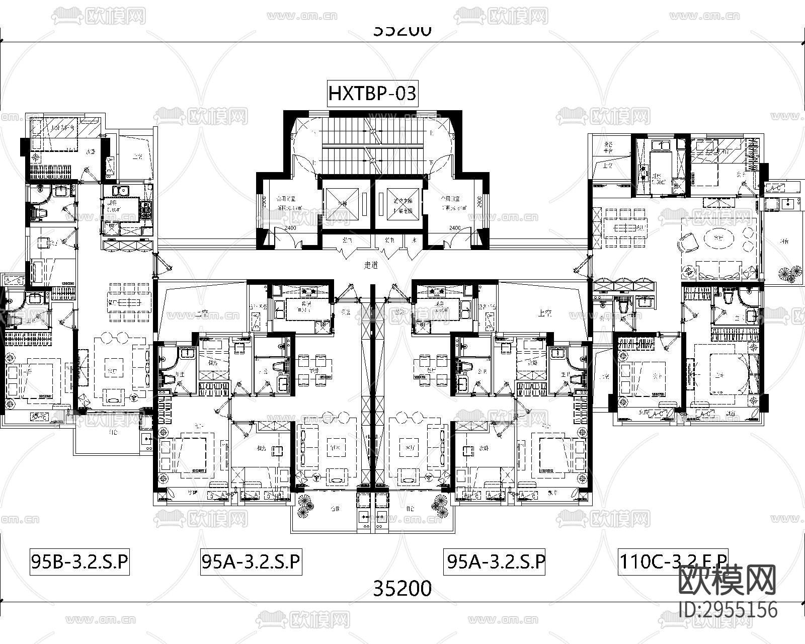 户型标准化cad施工图下载（渲染图2）
