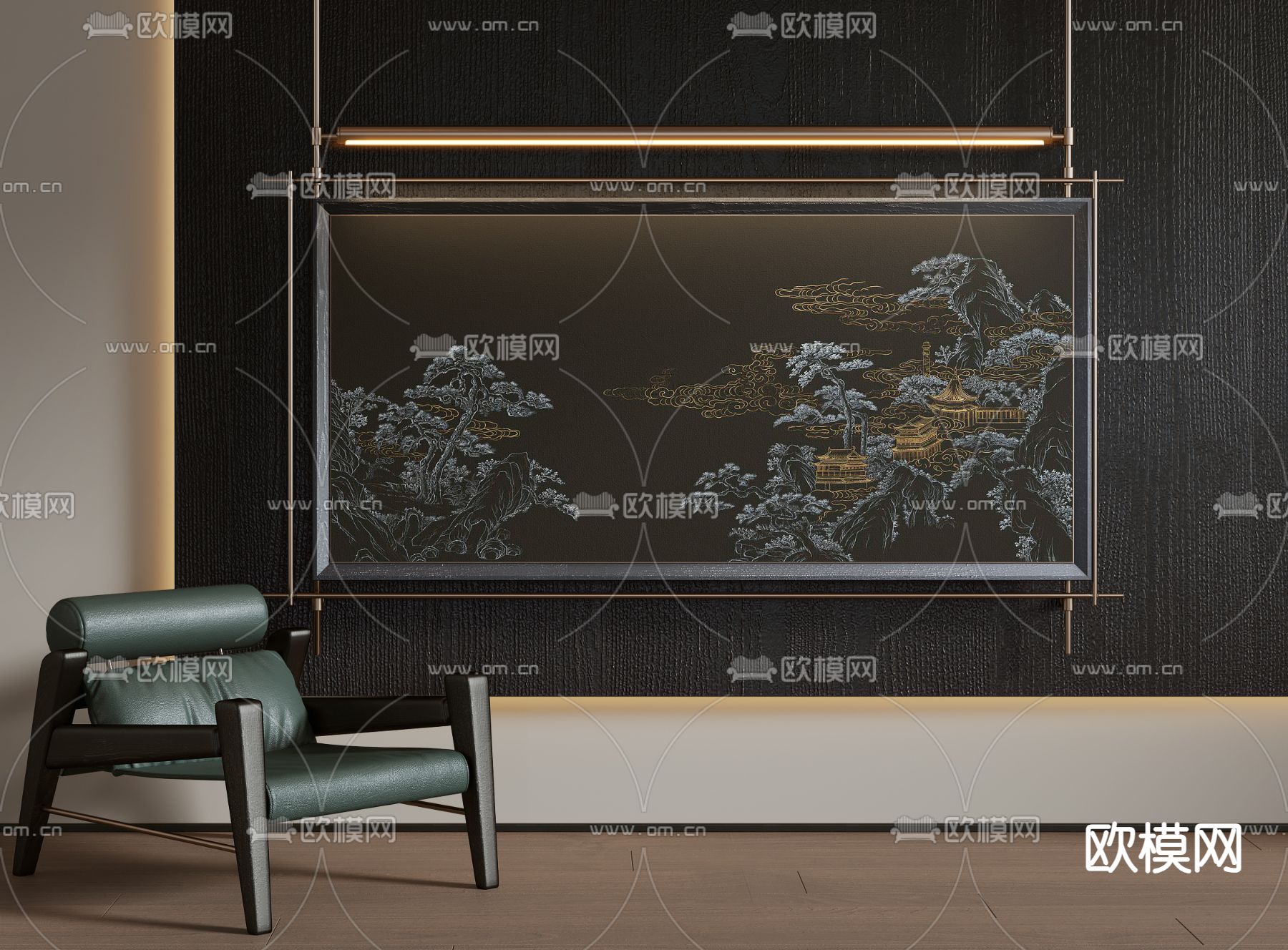 新中式装饰画 刺绣画 松树画su模型下载（渲染图1）