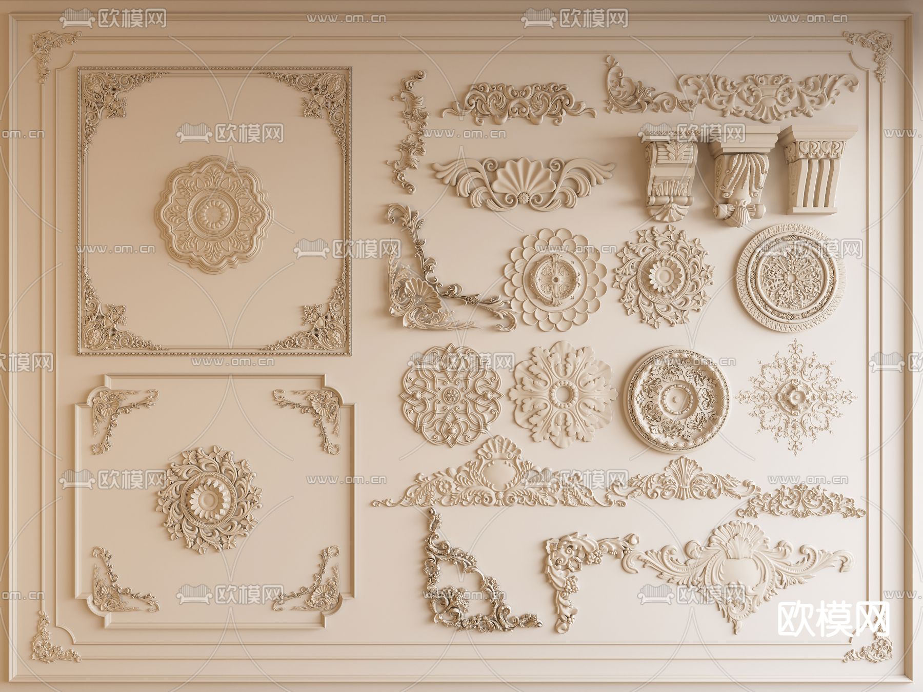 法式石膏雕花 线条 角线 顶角线 檐线su模型下载（渲染图1）