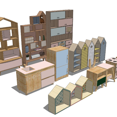  桌椅收纳柜su模型 