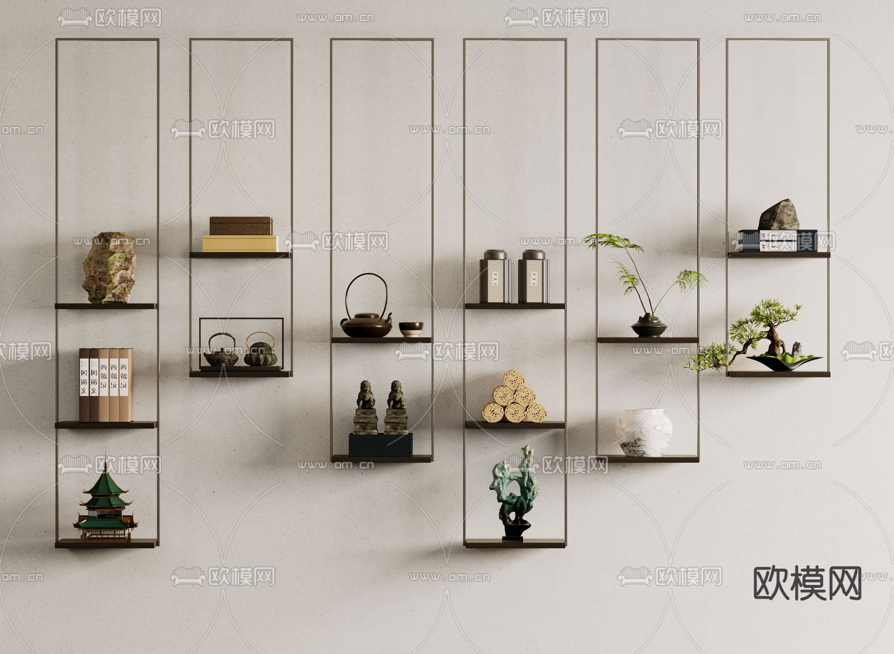 新中式置物架 茶具多宝阁 吊柜su模型下载（渲染图1）