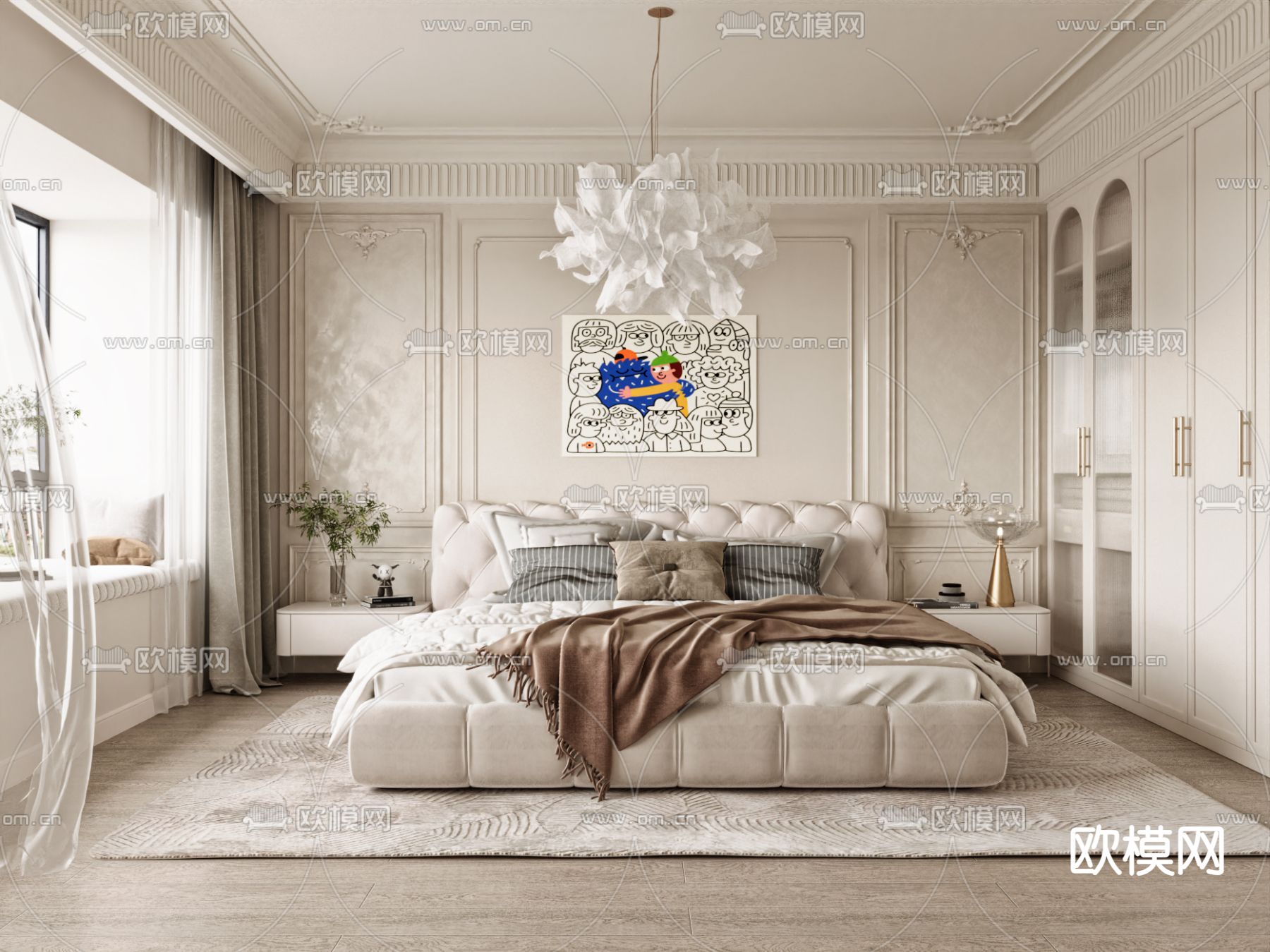 奶油风卧室 主人房su模型下载（渲染图2）