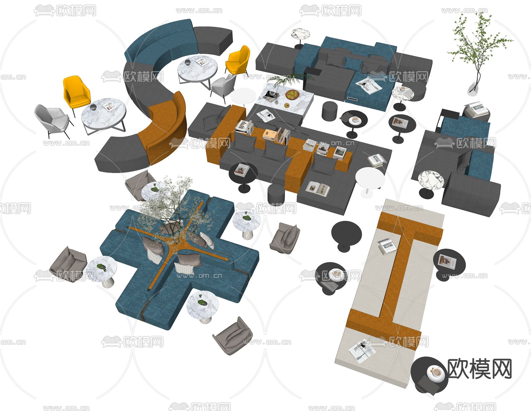 现代异形沙发 卡座组合su模型下载（渲染图1）