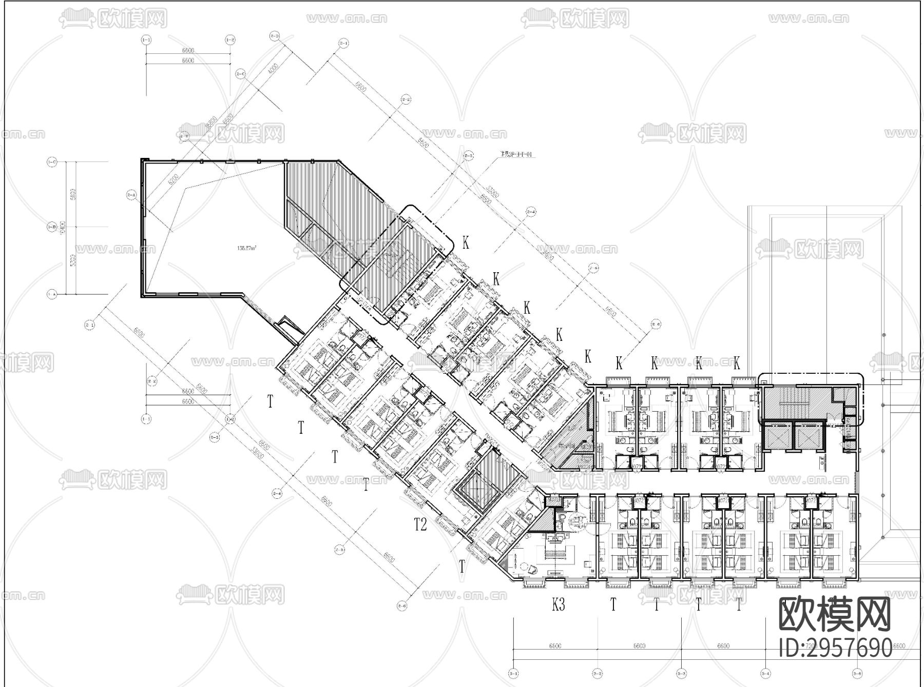 新中式风格度假酒店客房室内cad平面图下载（渲染图1）