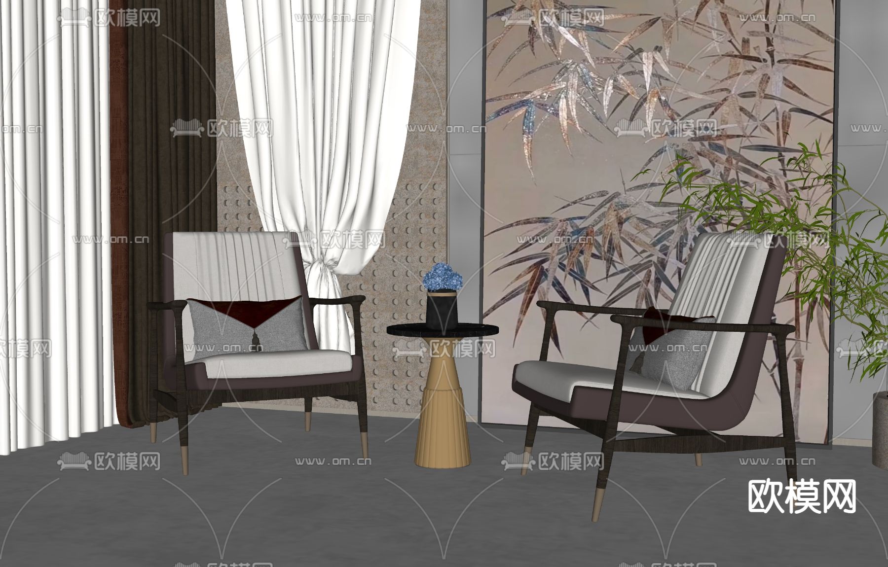 新中式休闲椅su模型下载（渲染图1）