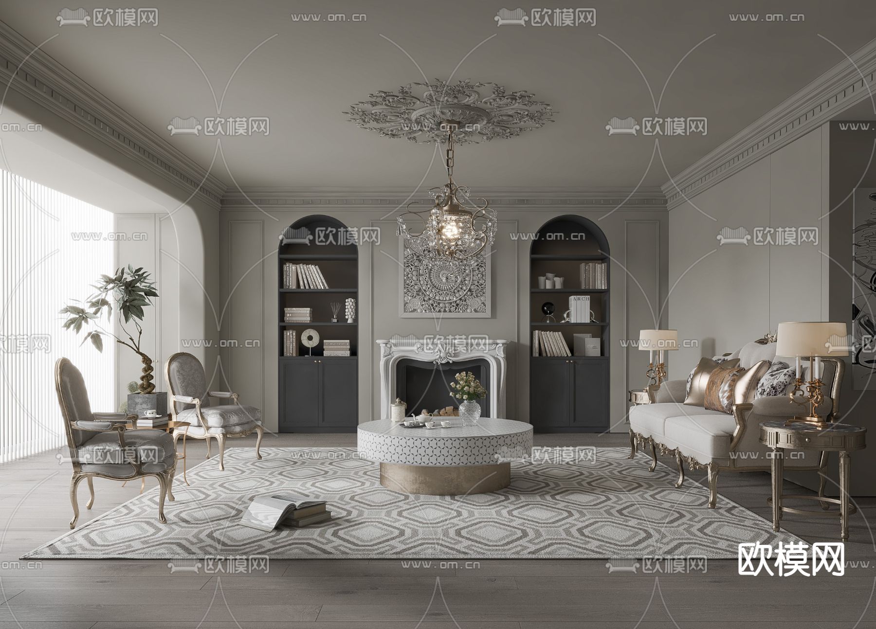 法式客厅su模型下载（渲染图4）