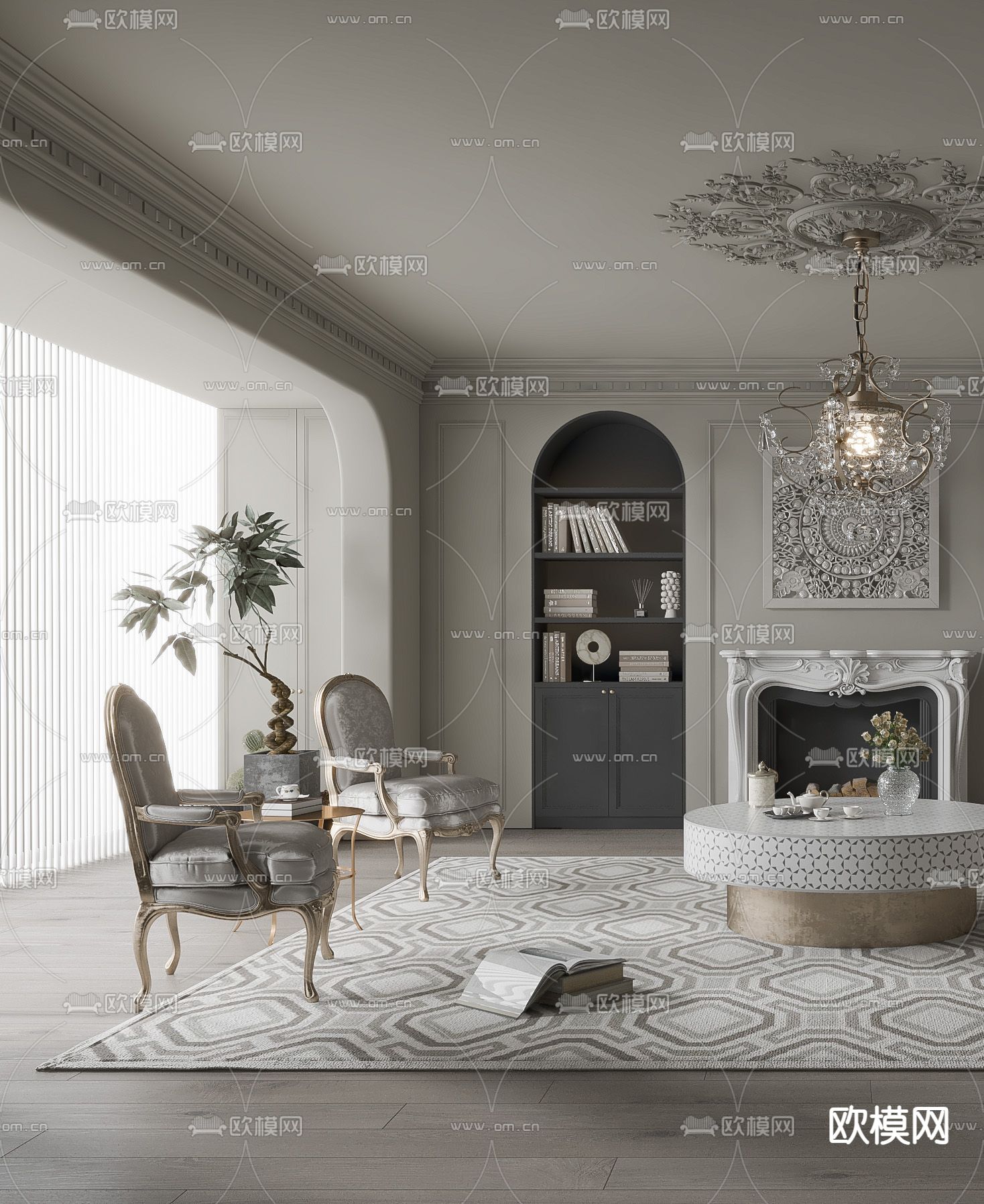 法式客厅su模型下载（渲染图2）