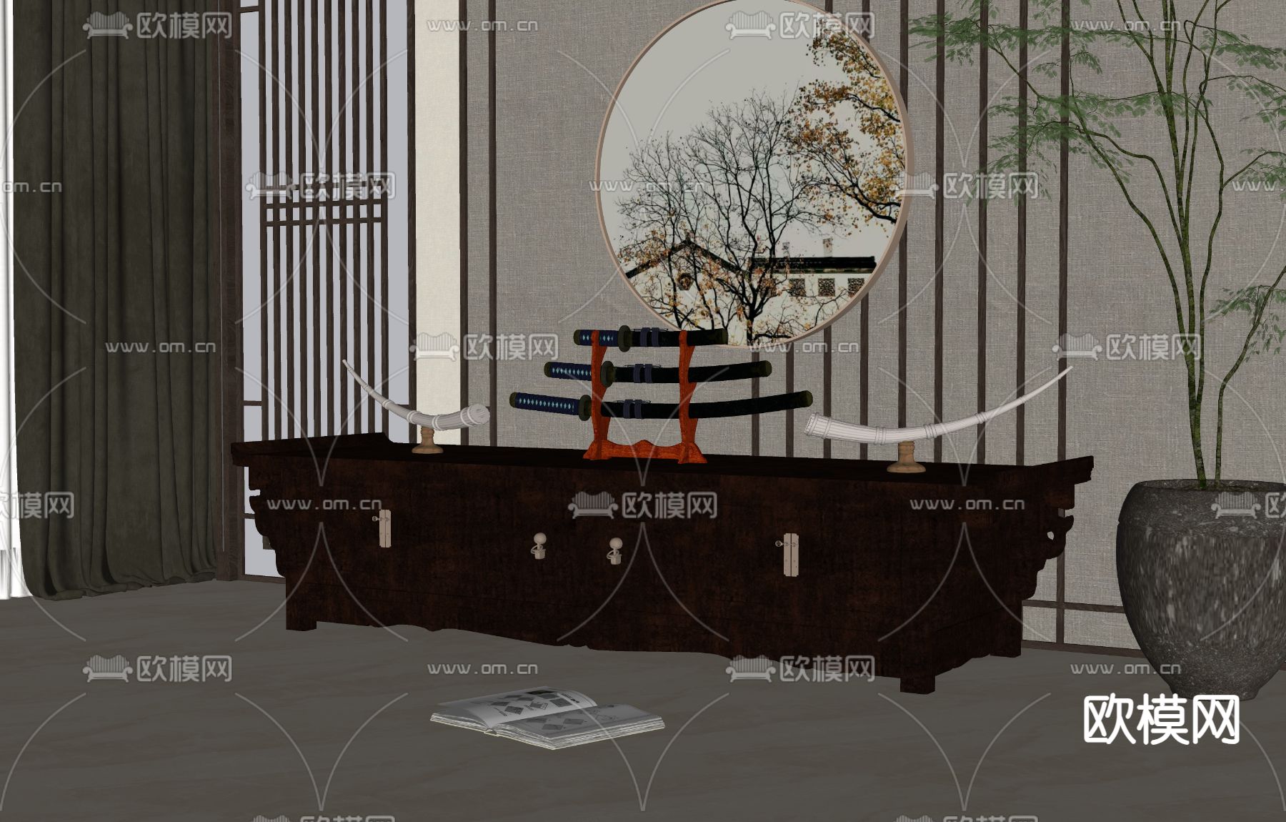 中式雕花电视柜su模型下载（渲染图2）