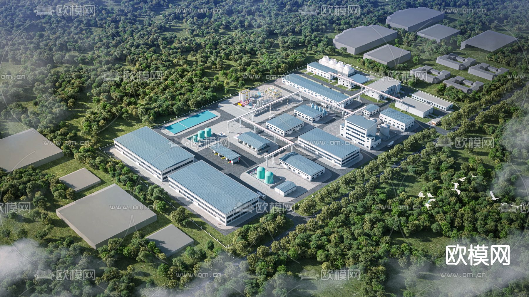 工业厂房鸟瞰3d模型下载