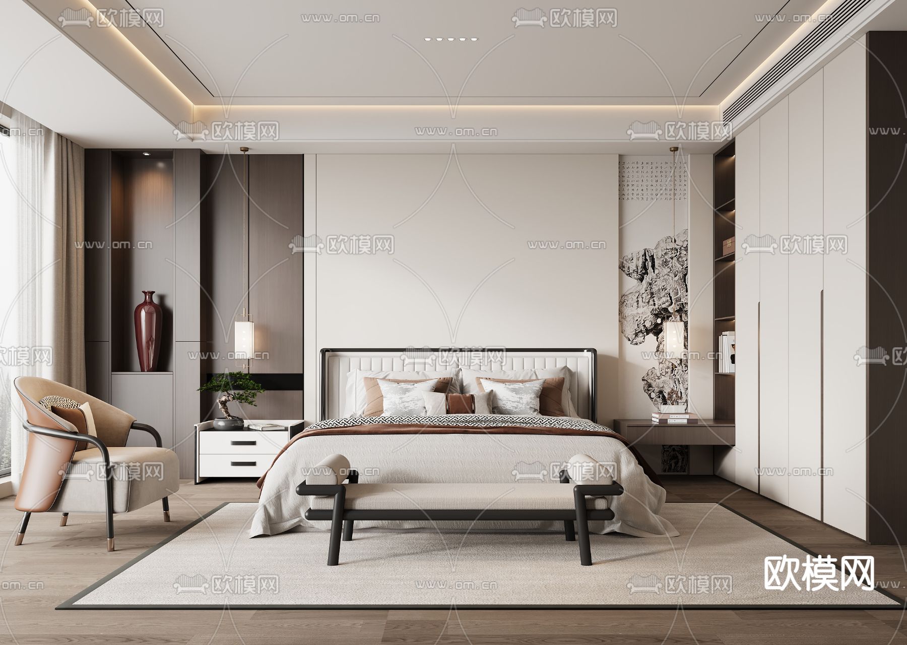 新中式卧室 主卧 主人房3d模型下载（渲染图1）