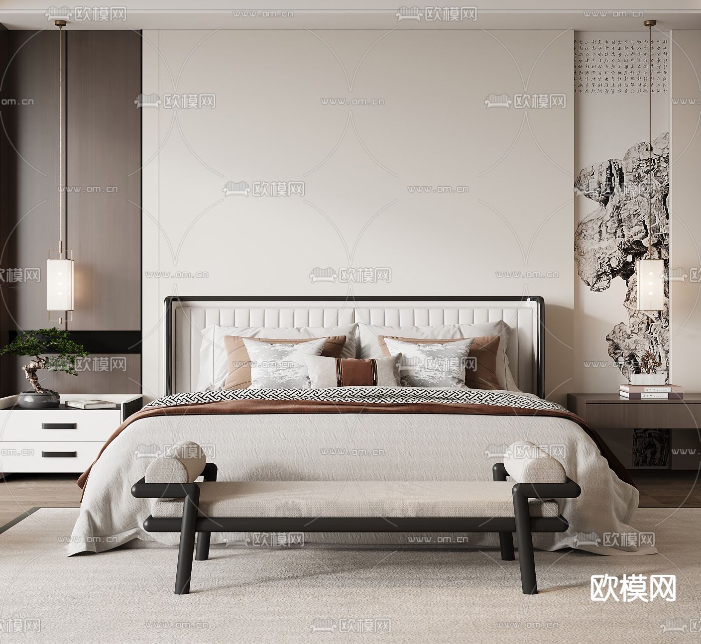 新中式卧室 主卧 主人房3d模型下载（渲染图2）