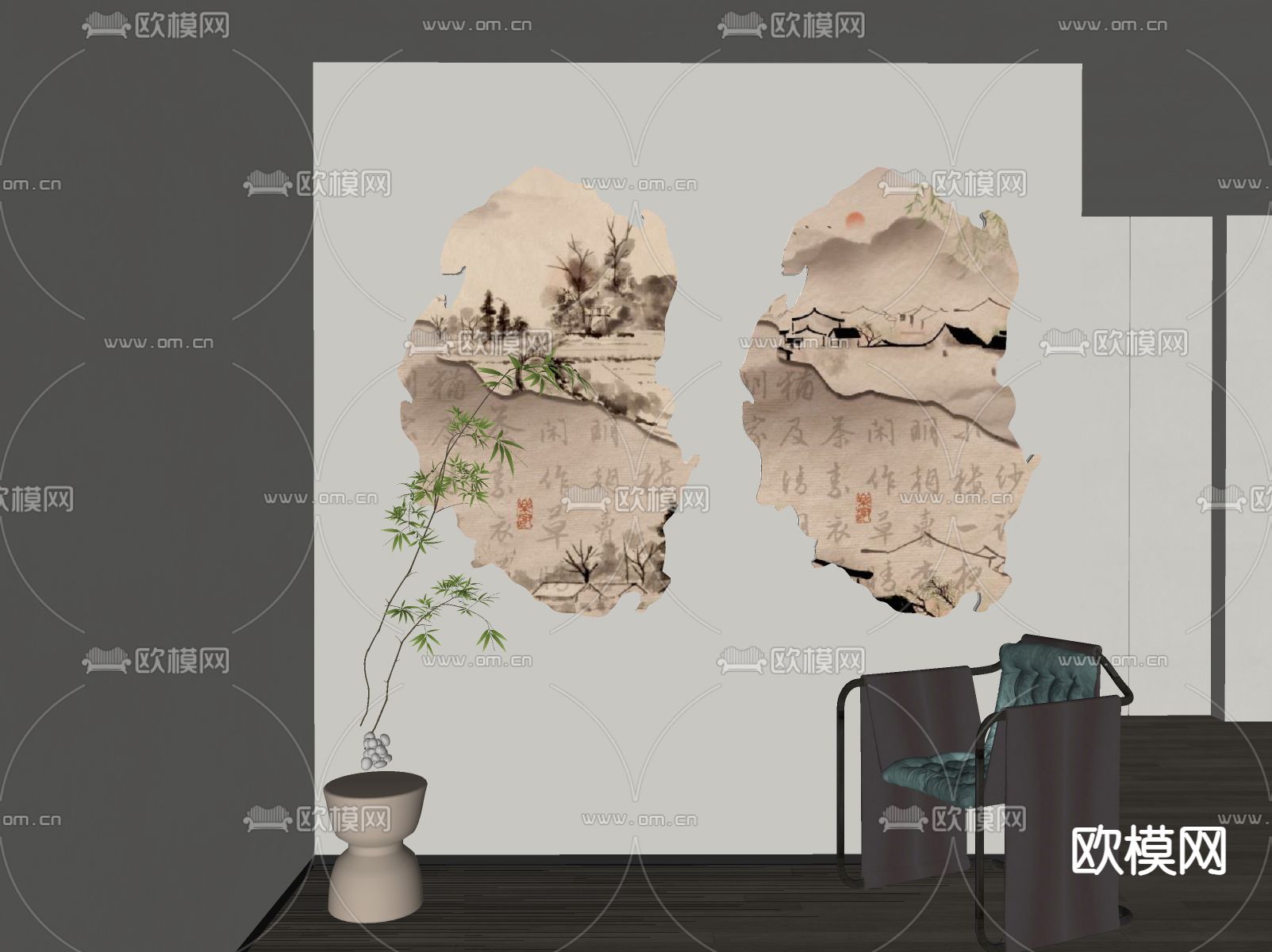 新中式装饰画 山水墙饰 壁画灯su模型下载（渲染图2）