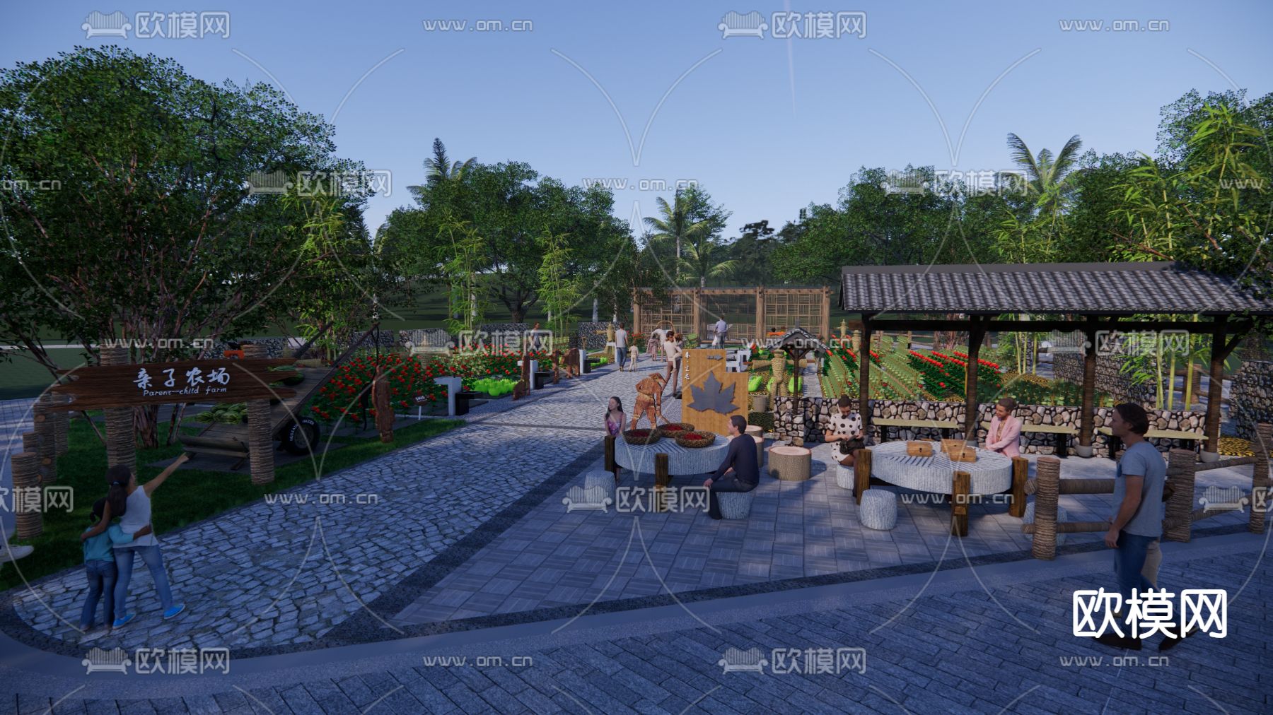 中式共享农场 农耕研学 亲子农场su模型下载（渲染图1）