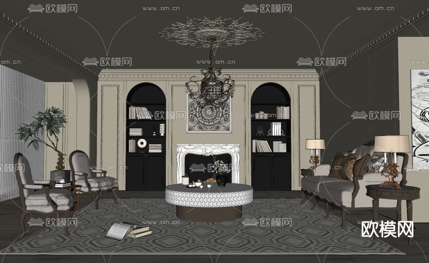 法式客厅su模型下载（渲染图1）