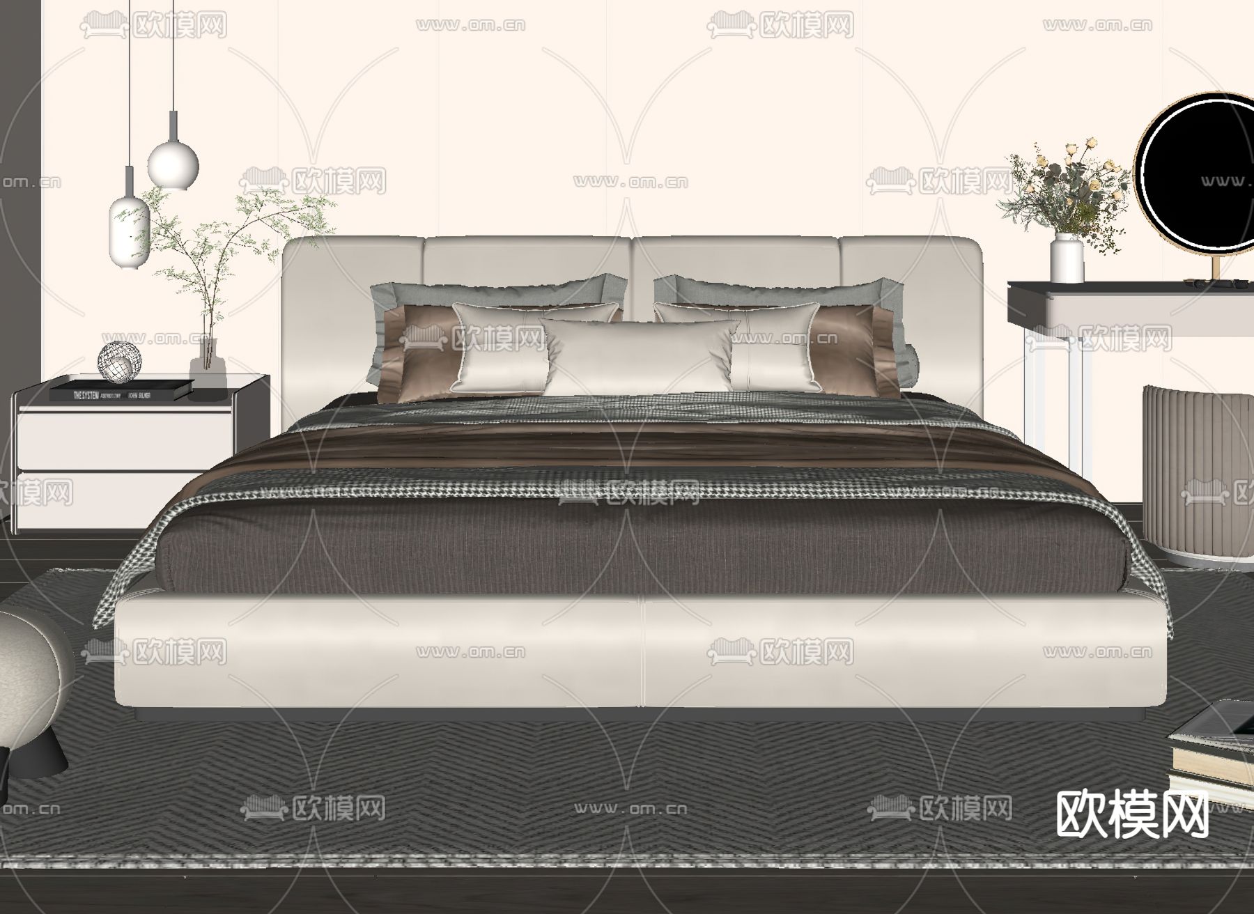 现代布艺双人床su模型下载（渲染图1）