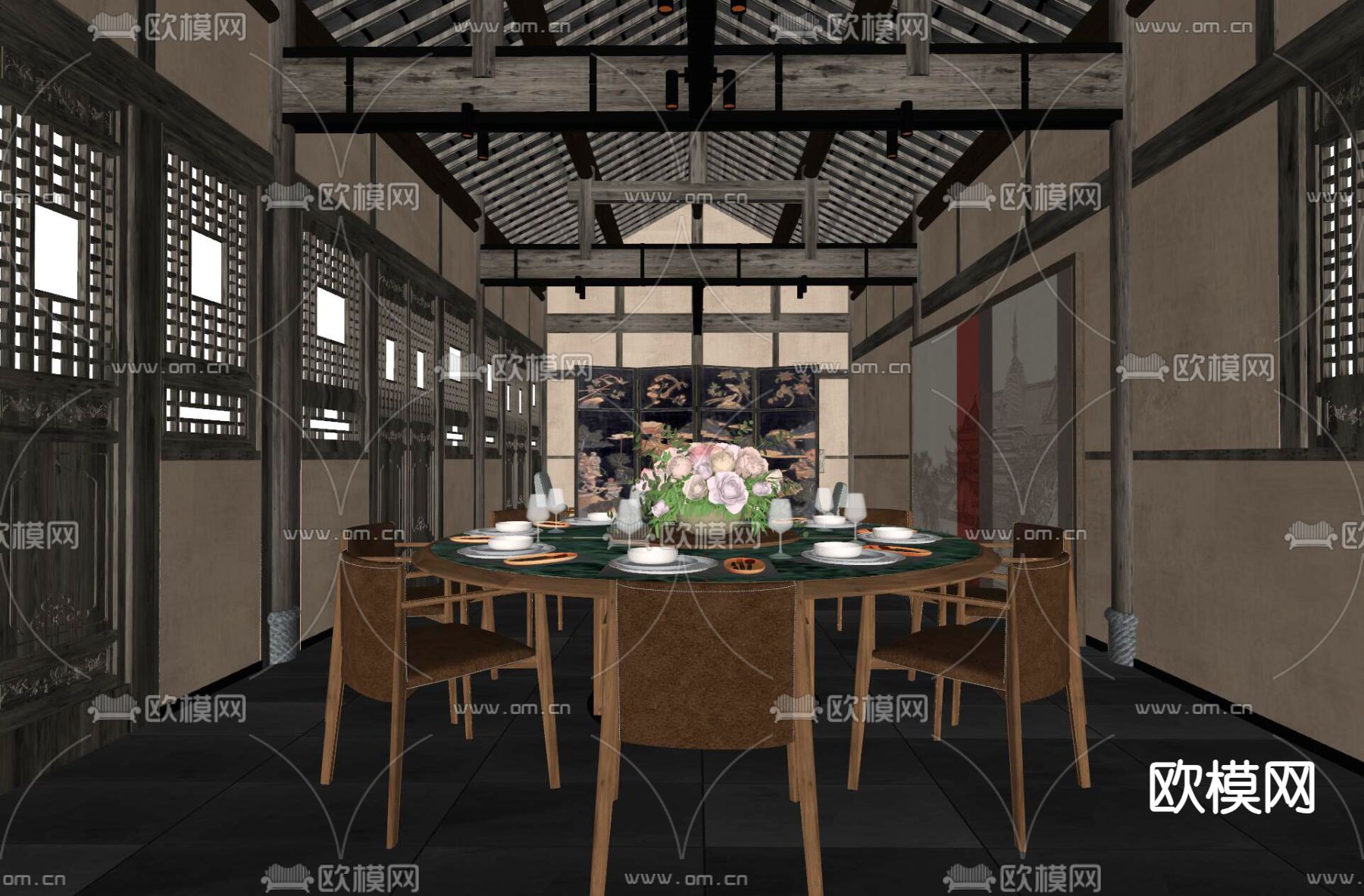 侘寂餐厅包间 民宿包厢 酒楼包房su模型