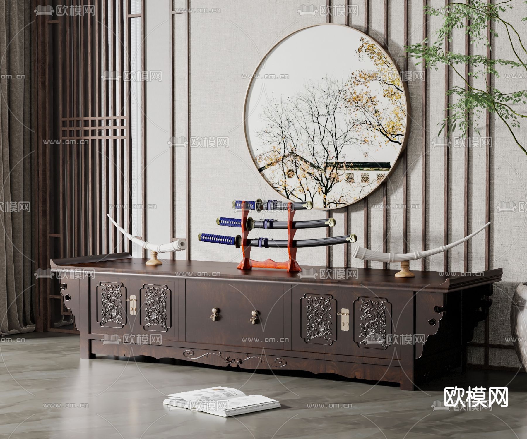 中式雕花电视柜su模型下载（渲染图1）