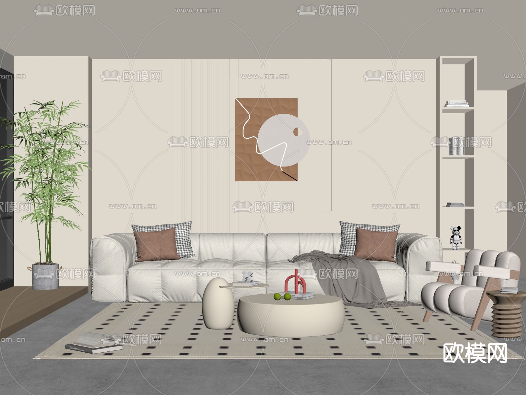 奶油风客厅su模型下载（渲染图2）