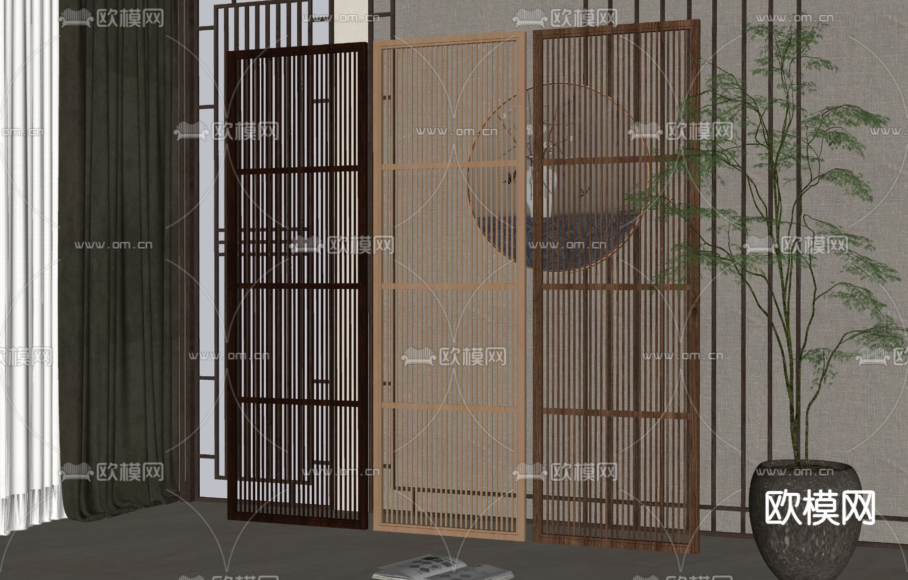 新中式屏风 隔断su模型下载（渲染图1）
