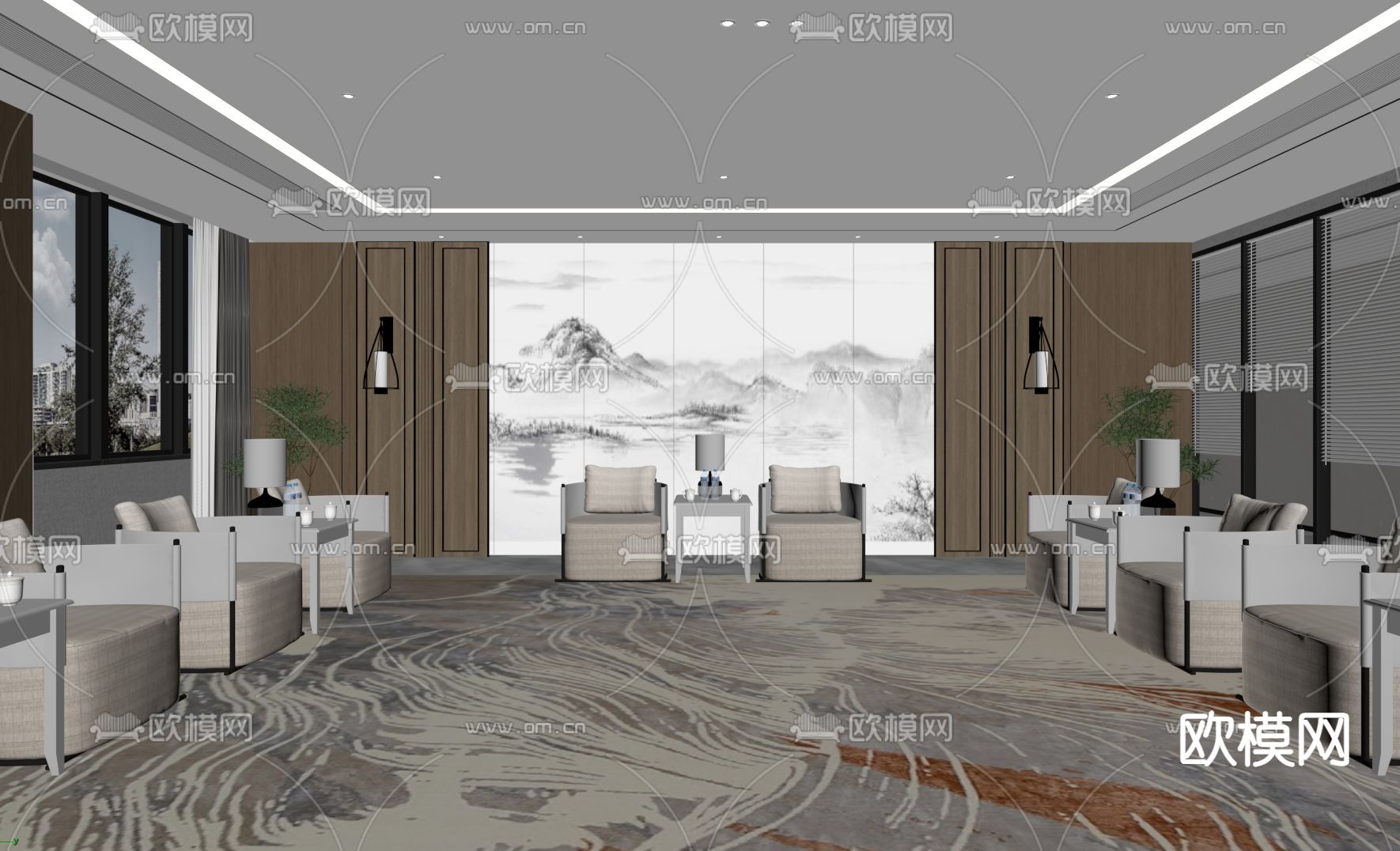 新中式会客室 接待室 贵宾室su模型下载（渲染图2）