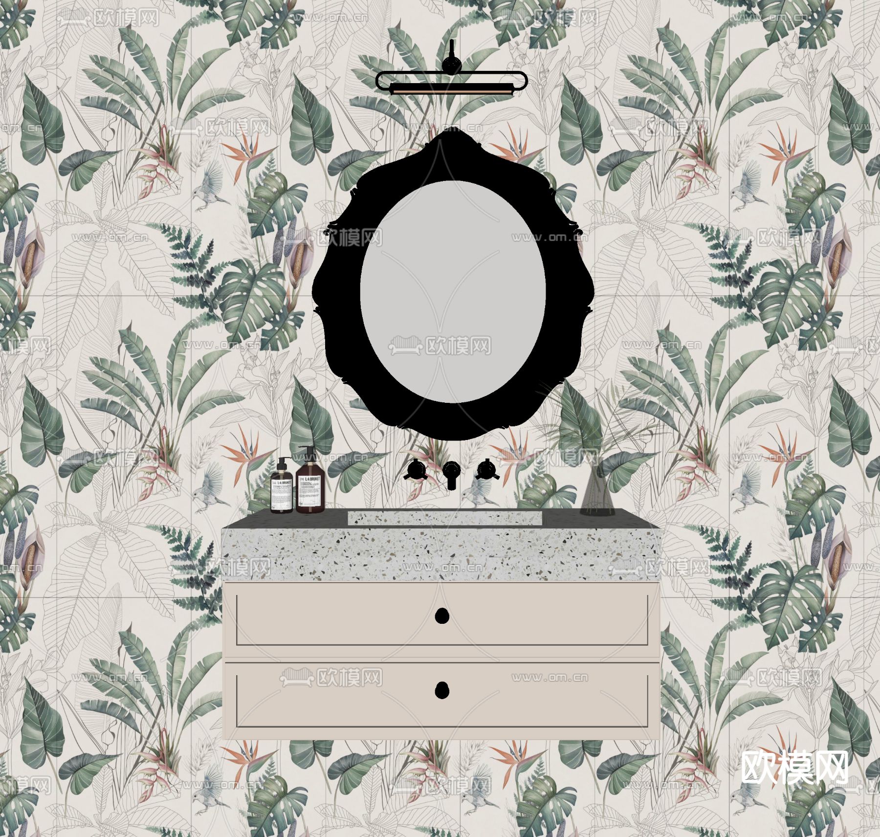 法式浴室柜 洗手台 台盆su模型下载（渲染图2）